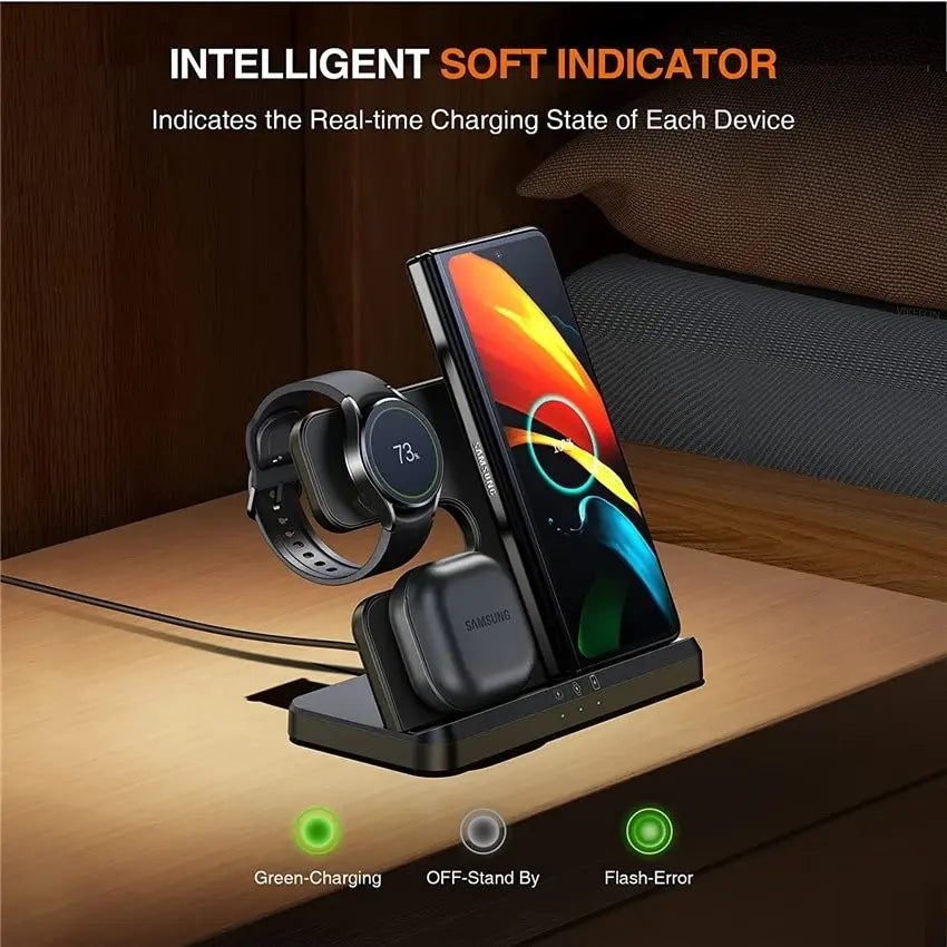 Ultimate 3-in-1 Wireless Charging Stand for Galaxy S23, S22, S21, S20 Ultra, Note Series, Galaxy Watch 5/4, Active & Buds - 15W Fast Charging Dock Station