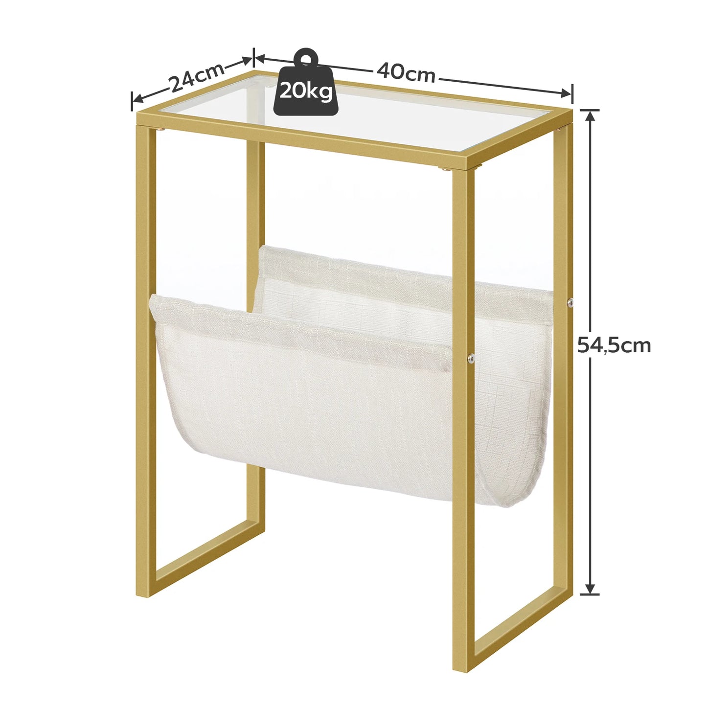 Narrow Side Table Tempered Glass End Table with Fabric Magazine Sling Small Coffee Accent Table Bedside Table Living Room