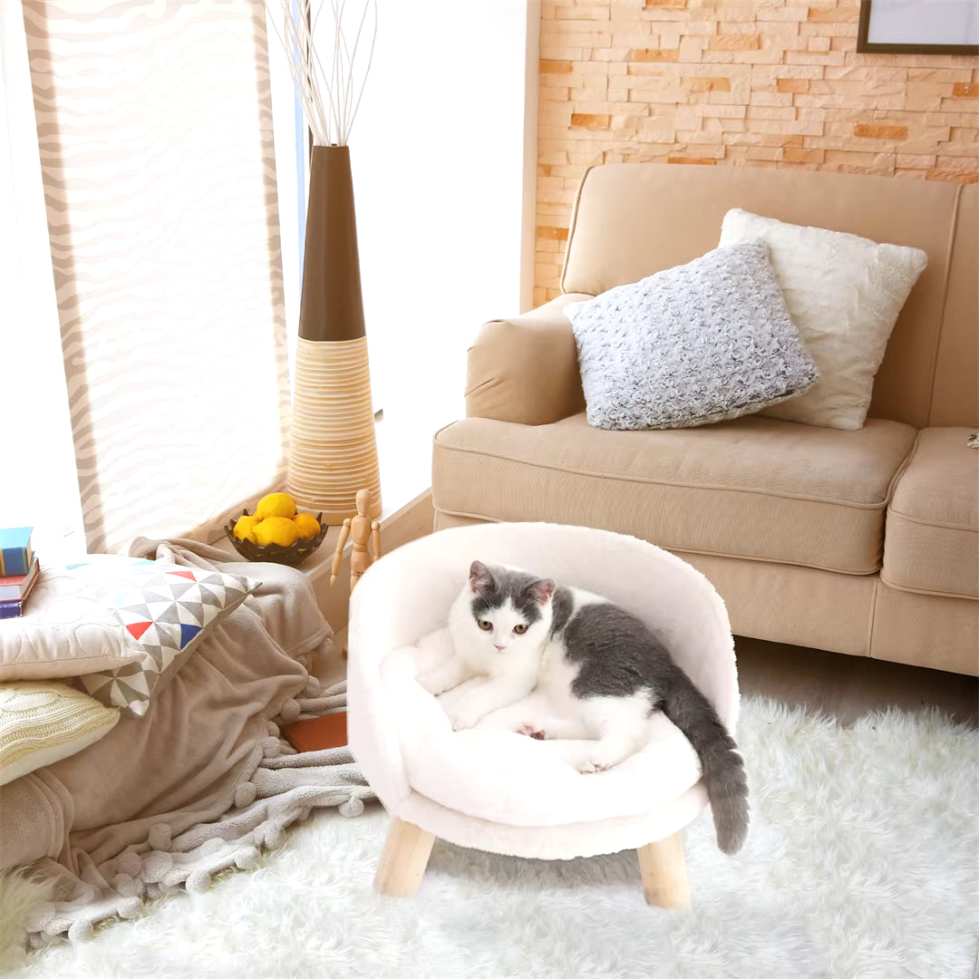 Luxurious Plush Cat Bed with Stylish Wooden Legs & Easy-Clean Waterproof Cushion for Small Pets
