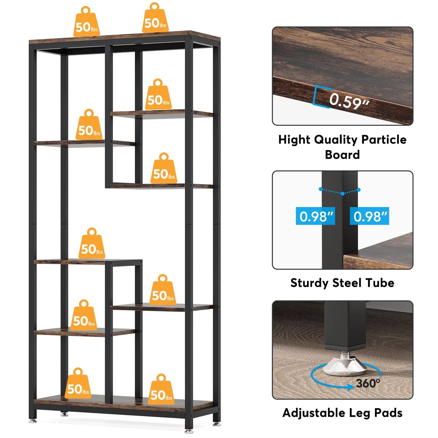 6-Tier Tall Bookshelf Bookcase, Industrial 8-Shelf Open Bookcase Storage Display Book Shelves