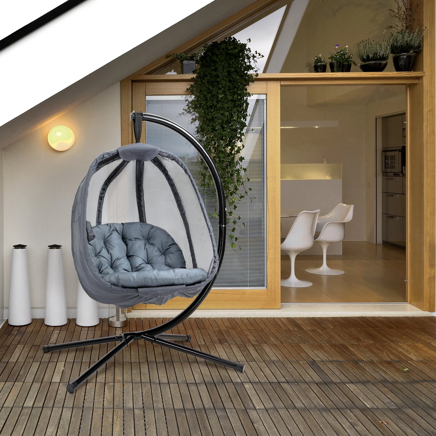 Folding Hanging Egg Chair W/ Cushion and Stand for Indoor Outdoor Grey