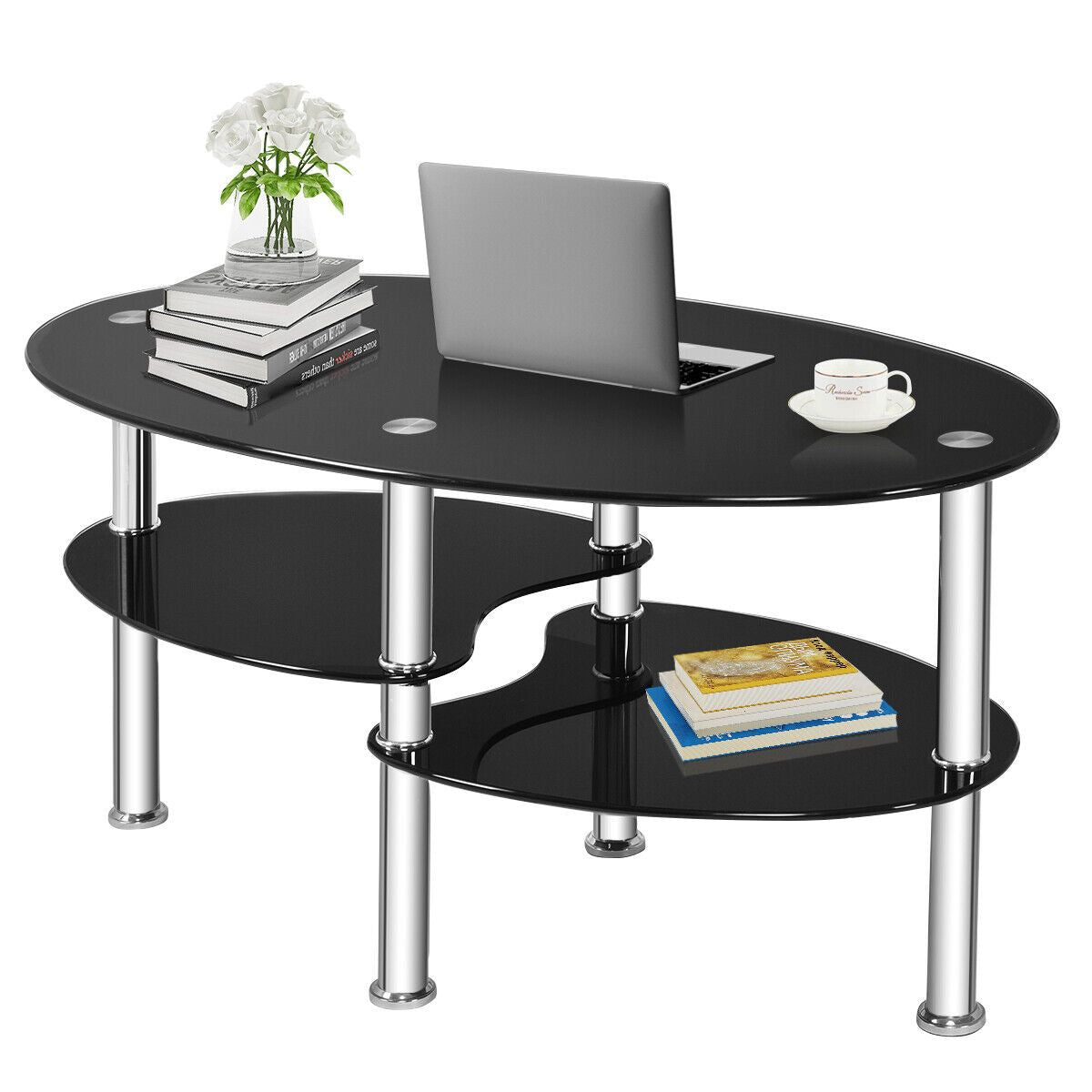 3-Tiers Tempered Glass Coffee Tables with 2 Shelves