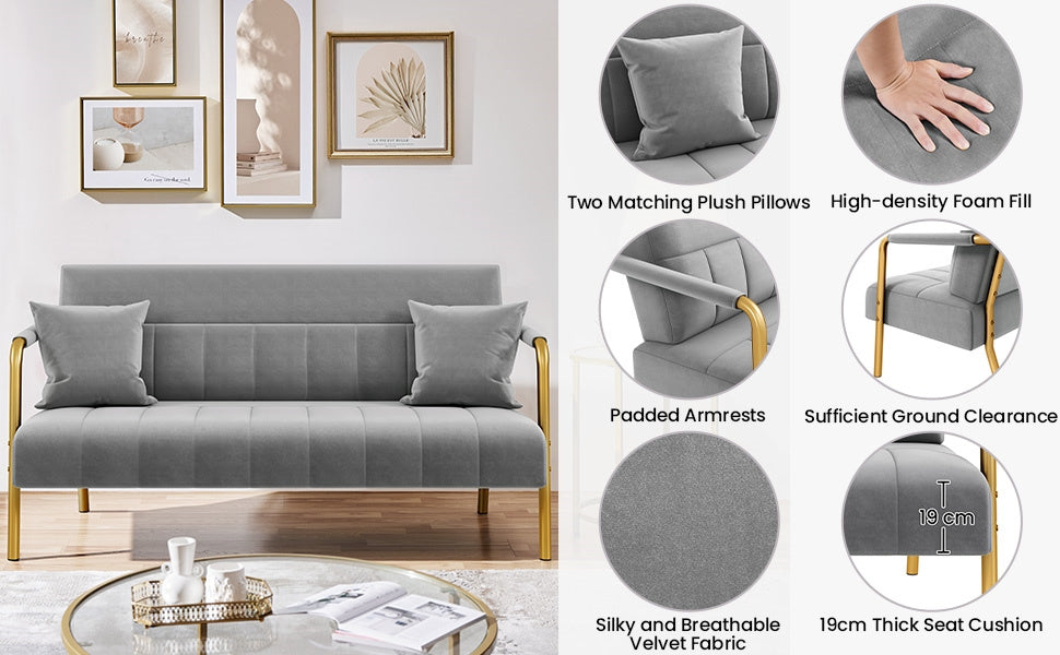 Sofa Couch Modern Velvet 143cm Loveseat with Gold-tone Metal Arms & Legs, Upholstered Design, Includes 2 Pillows