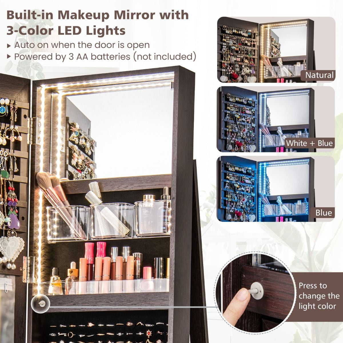 360-Degree Mirrored Jewelry Armoire with 3-Color Auto-On LED Lights