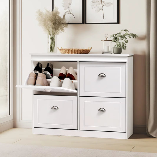 2 Tier White 4 Drawer Flip down Wooden Shoe Bench Cabinet