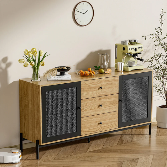 3 Drawer Brown Rattan Oak Effect Storage Cabinet Cupboard