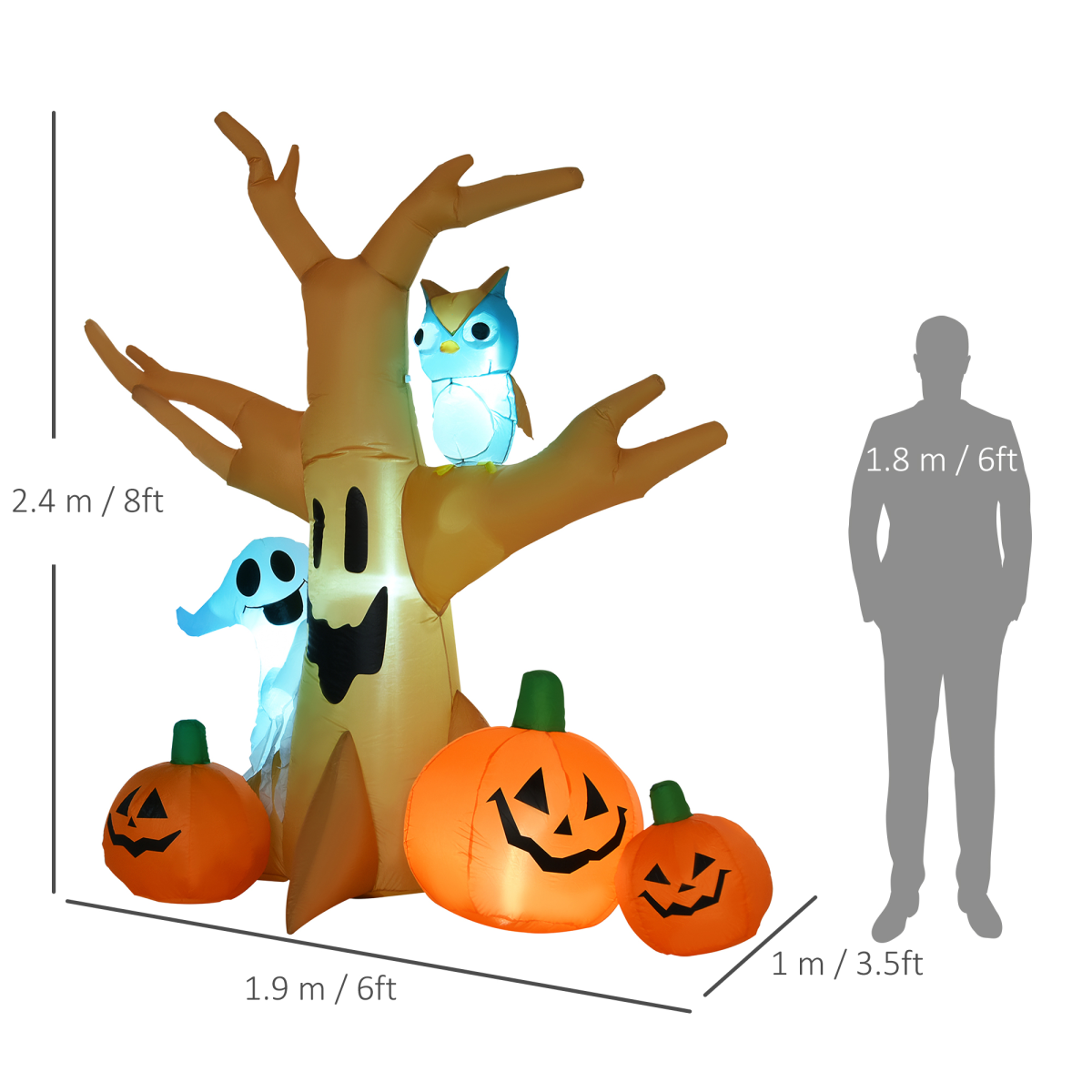 240cm Halloween Inflatable: Scary Tree with Ghost, 3 Pumpkins, Owl & 4 LEDs