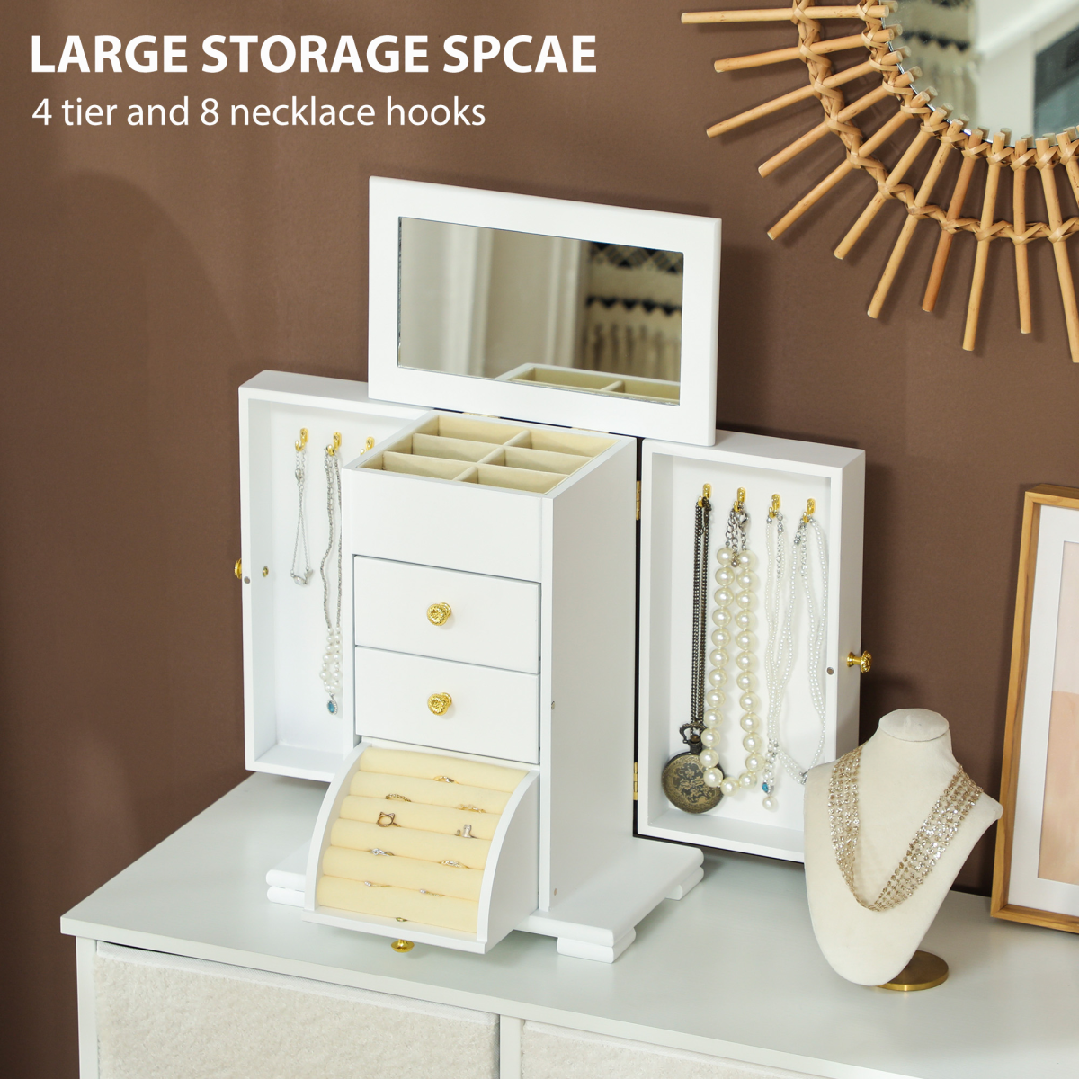 Elegant 4-Tier Jewellery Box with Mirror & Dual Drawers - White Beauty