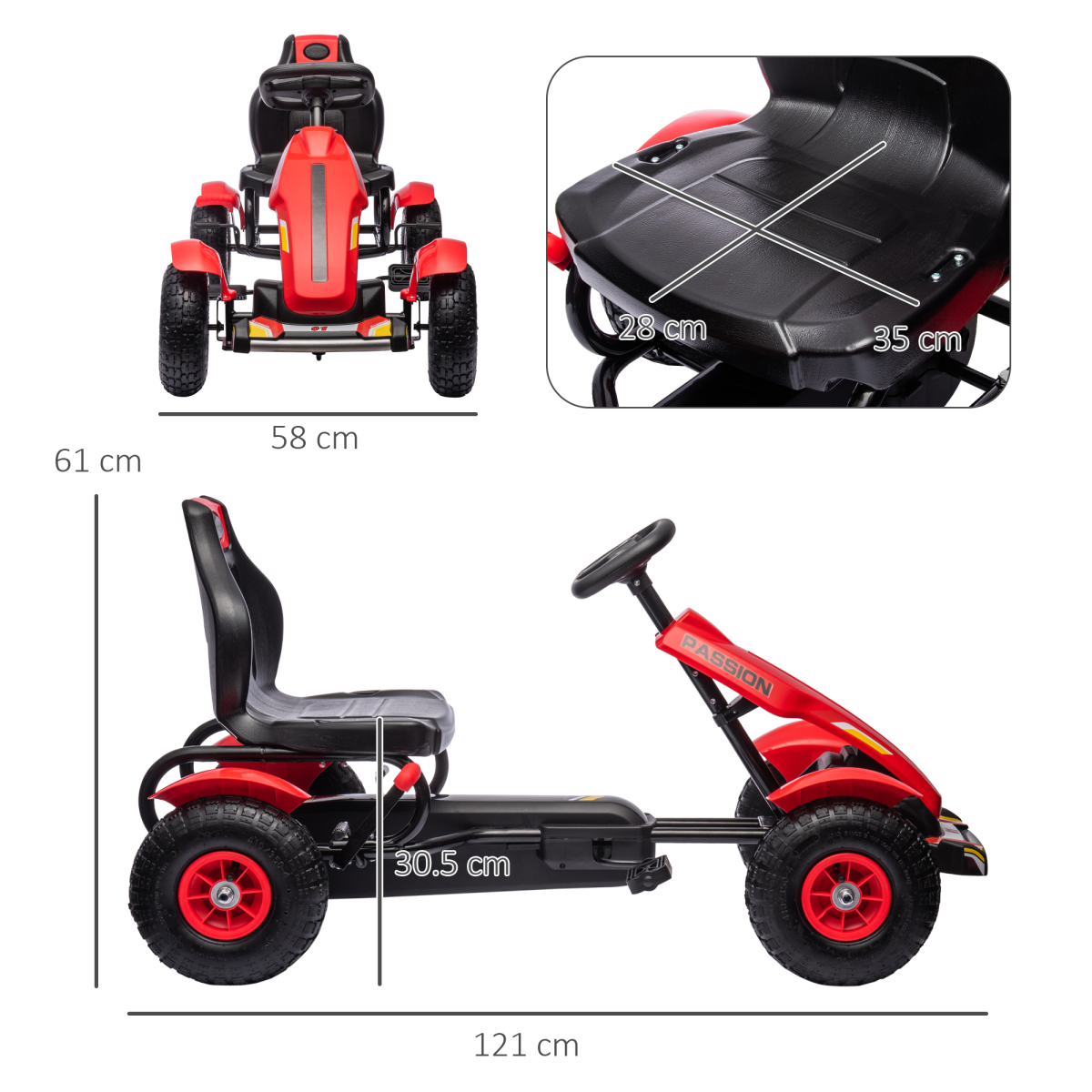 Kids' Pedal Go-Kart with Adjustable Seat, Handbrake & Inflatable Wheels - Red