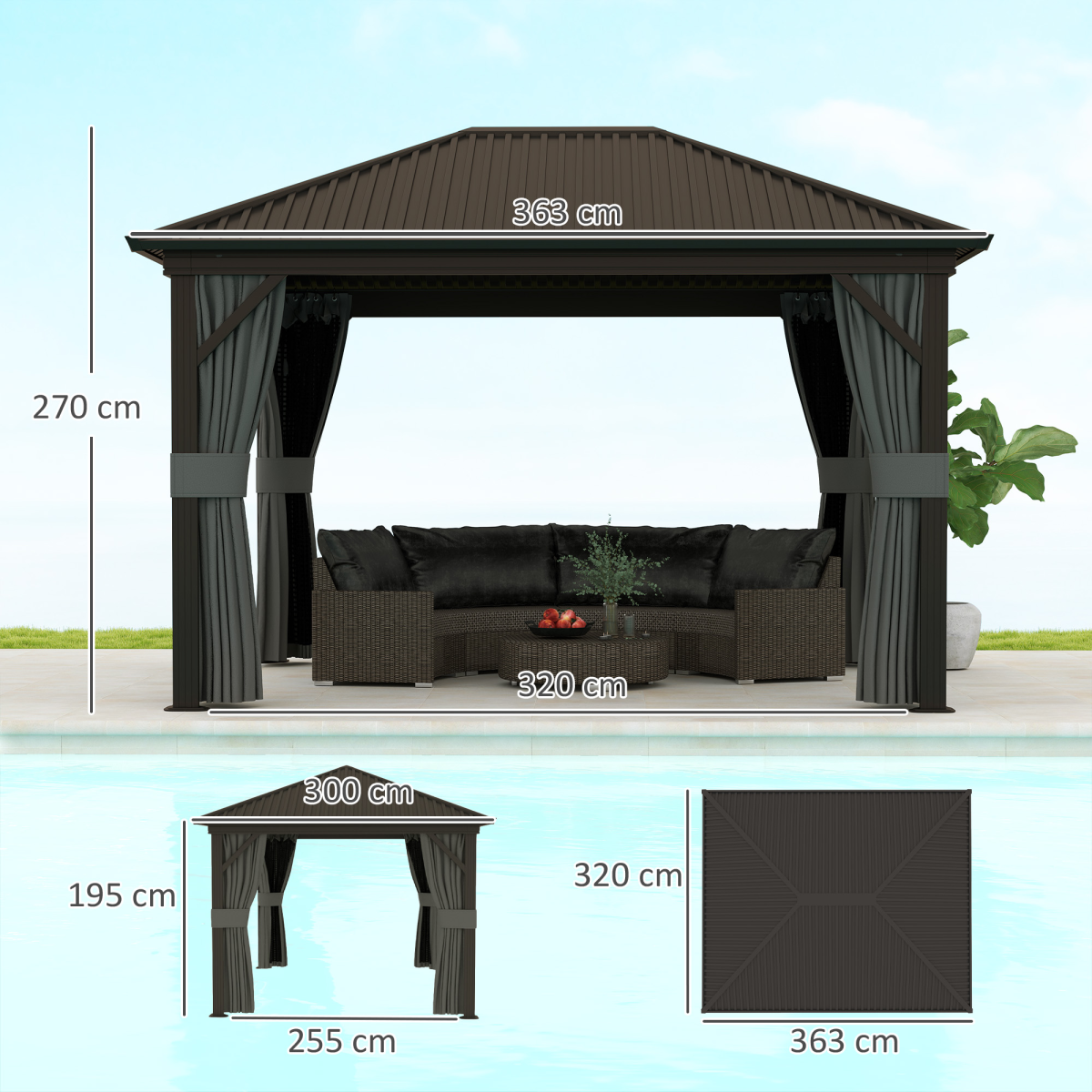 3.6x3m Metal Gazebo with Hardtop & Screened Curtains, Dark Grey