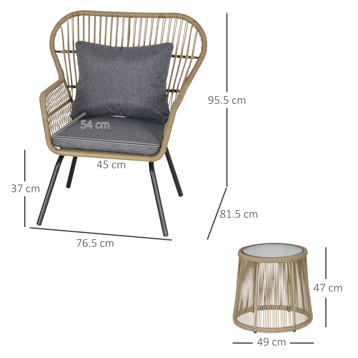 3-Piece Webbed PE Rattan Outdoor Patio Set with Cushions - Brown