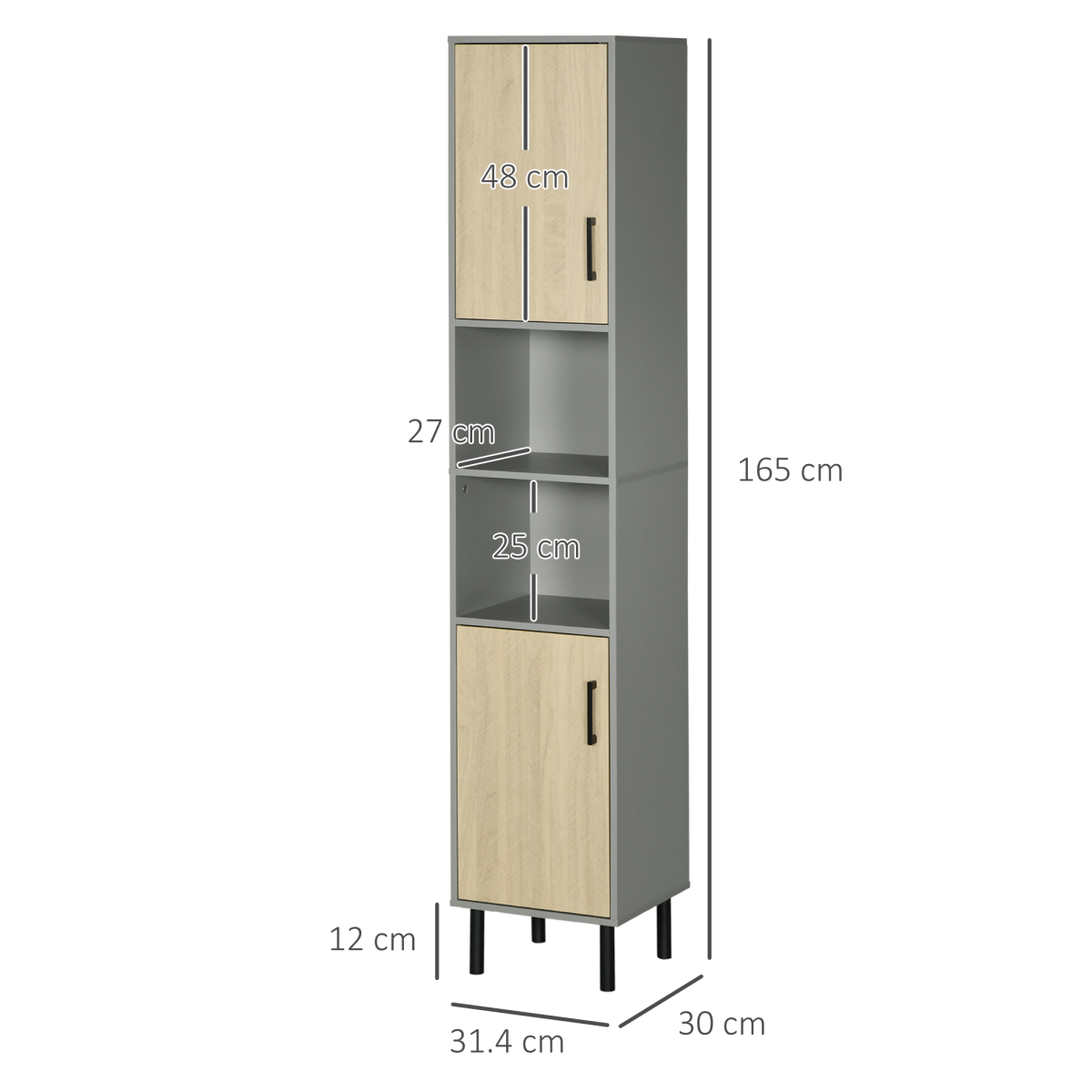 Kleankin Slim Tall Bathroom Cabinet - 2 Cupboards, 2 Shelves, Anti-Tip