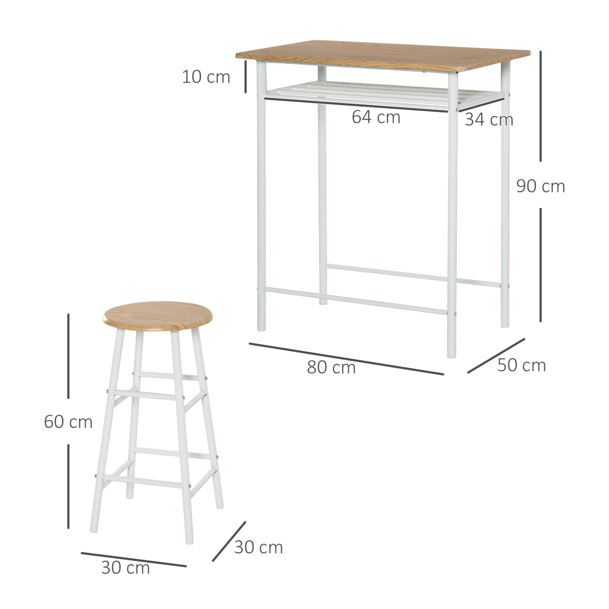 3-Piece Bar Height Kitchen Dining Set in White & Oak