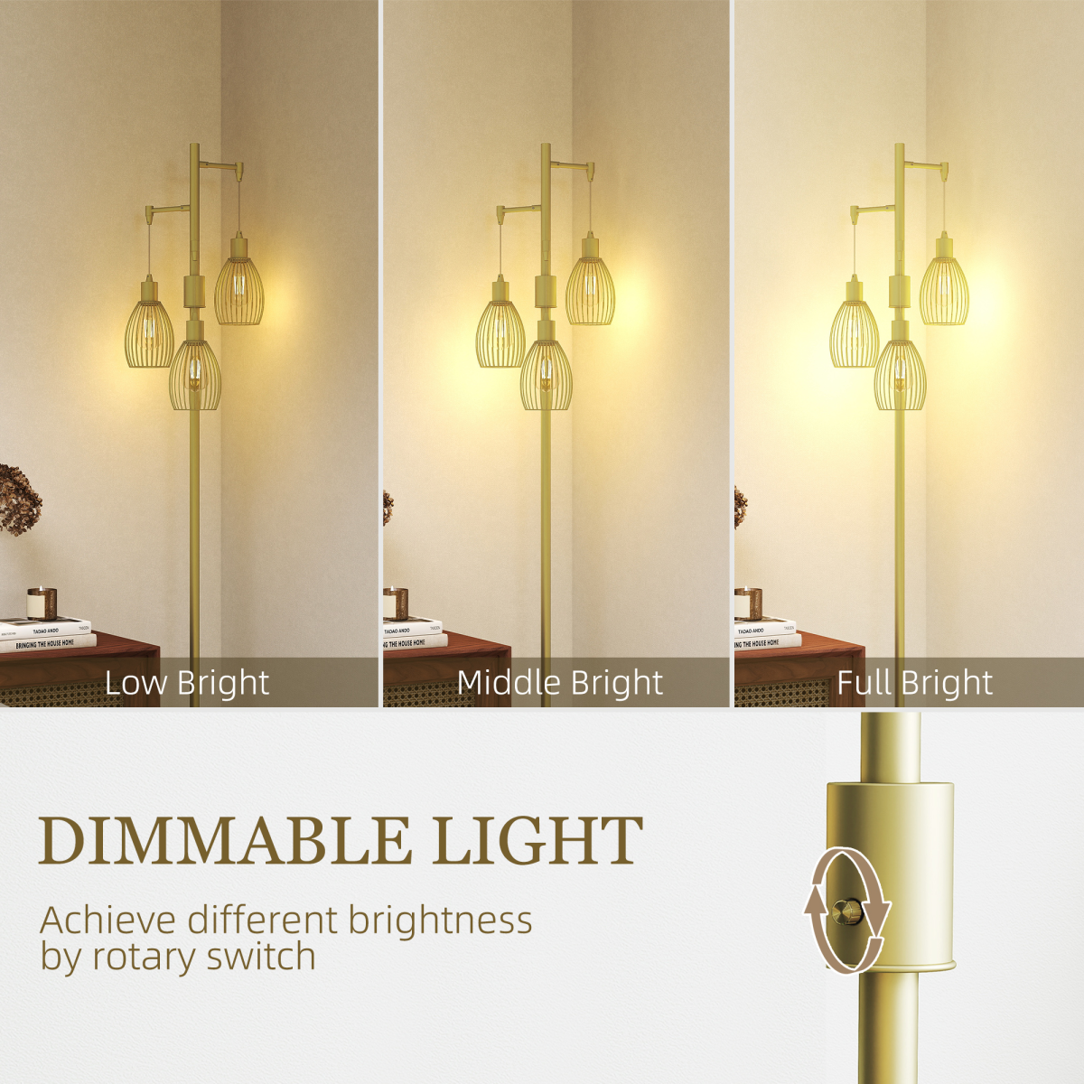 Industrial Chic: 3-Light Dimmable Floor Lamp in Elegant Gold Finish