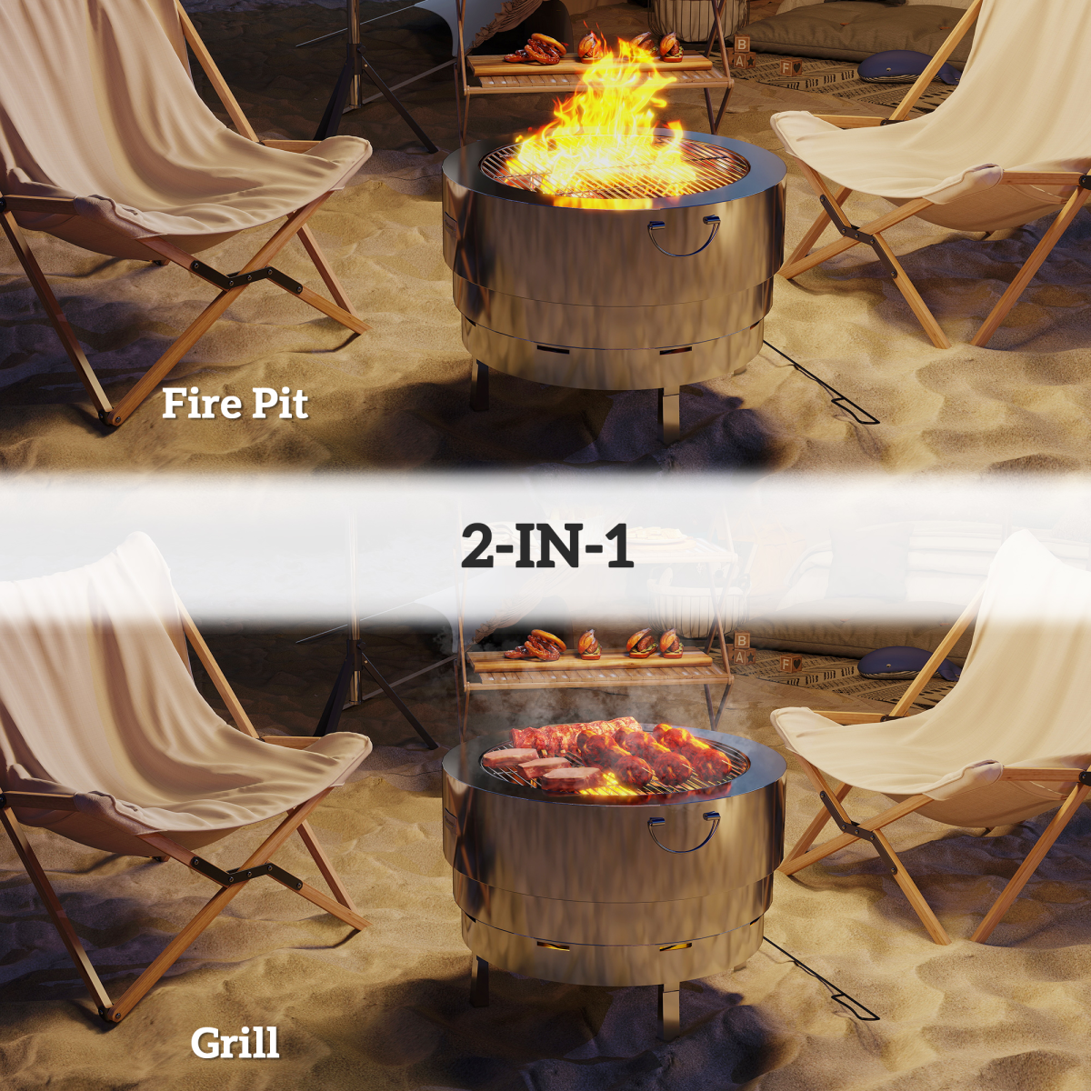 Portable Round Fire Pit & Grill - Stainless Steel with Poker Included