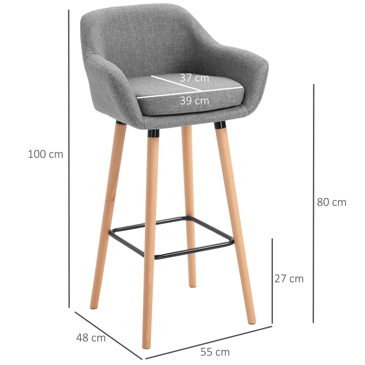 Modern Grey Upholstered Bucket Seat Bar Stools - Set of 2 with Solid Wood Legs