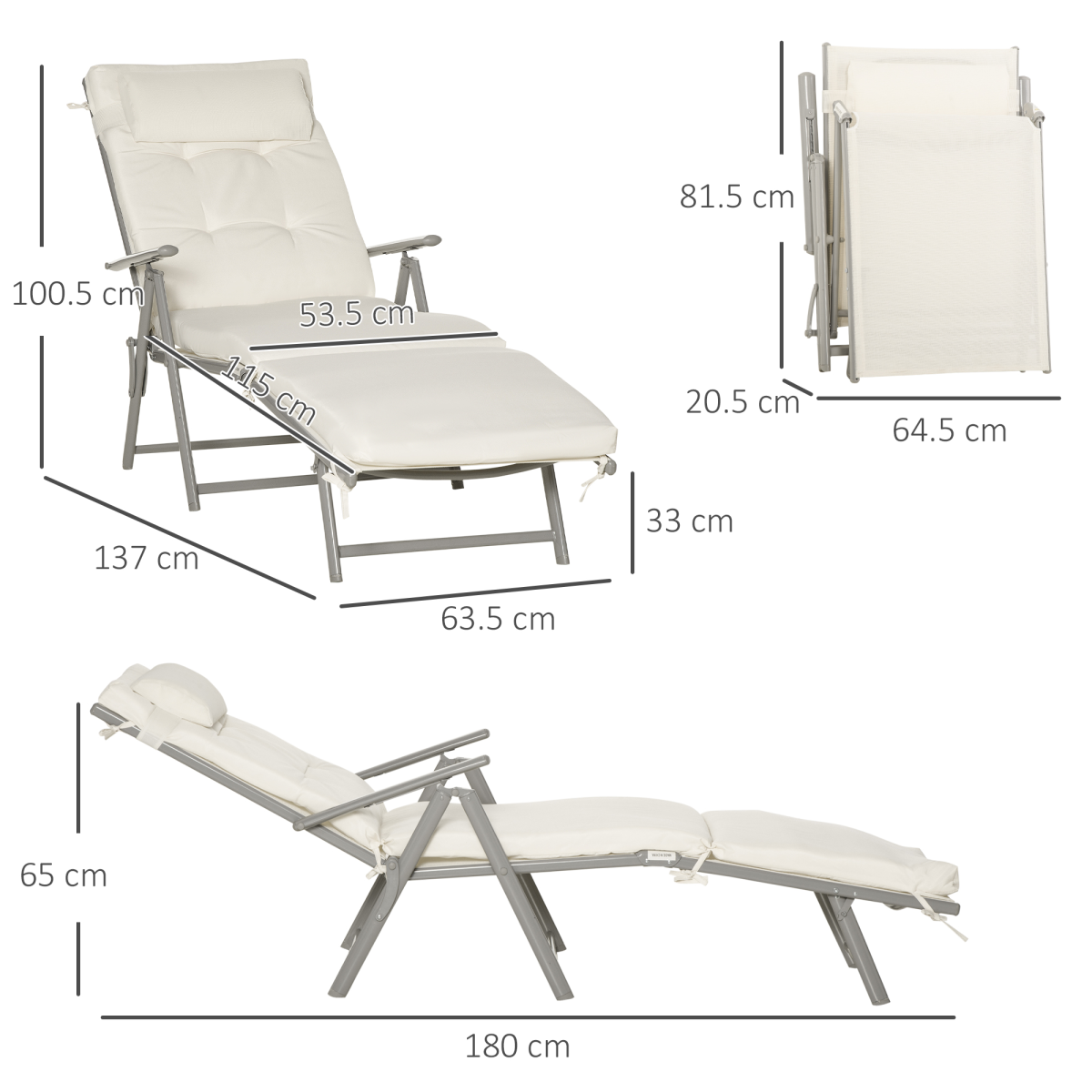 Foldable Sun Lounger Recliner with Padded Seat, 7-Position Back, Texteline White