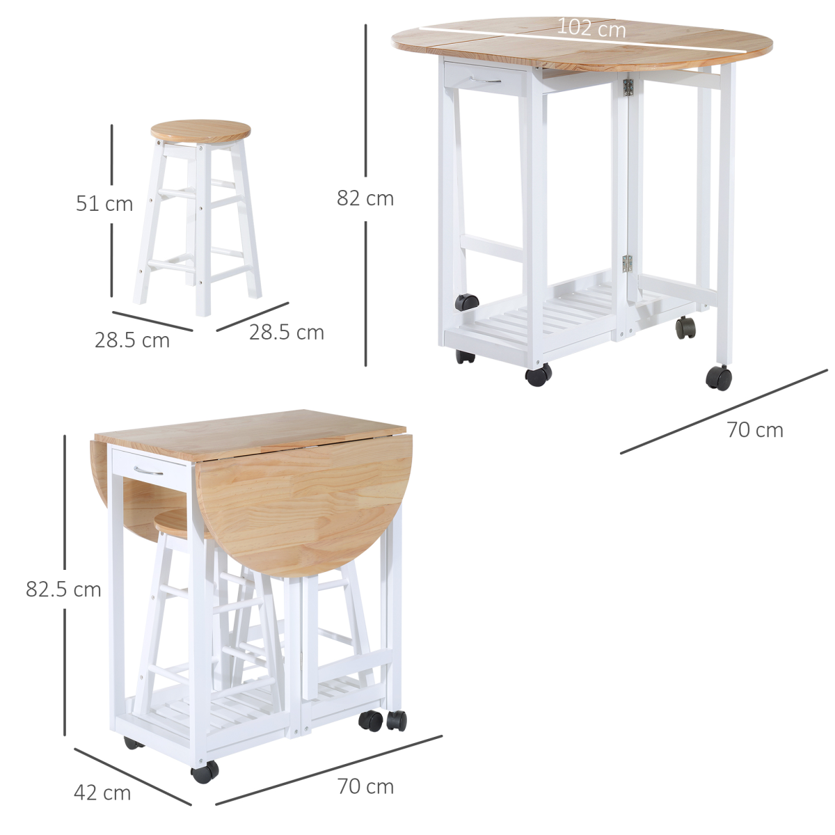 Versatile 3-Piece Wooden Kitchen Cart Set with Rolling Stools & Space-Saving Design