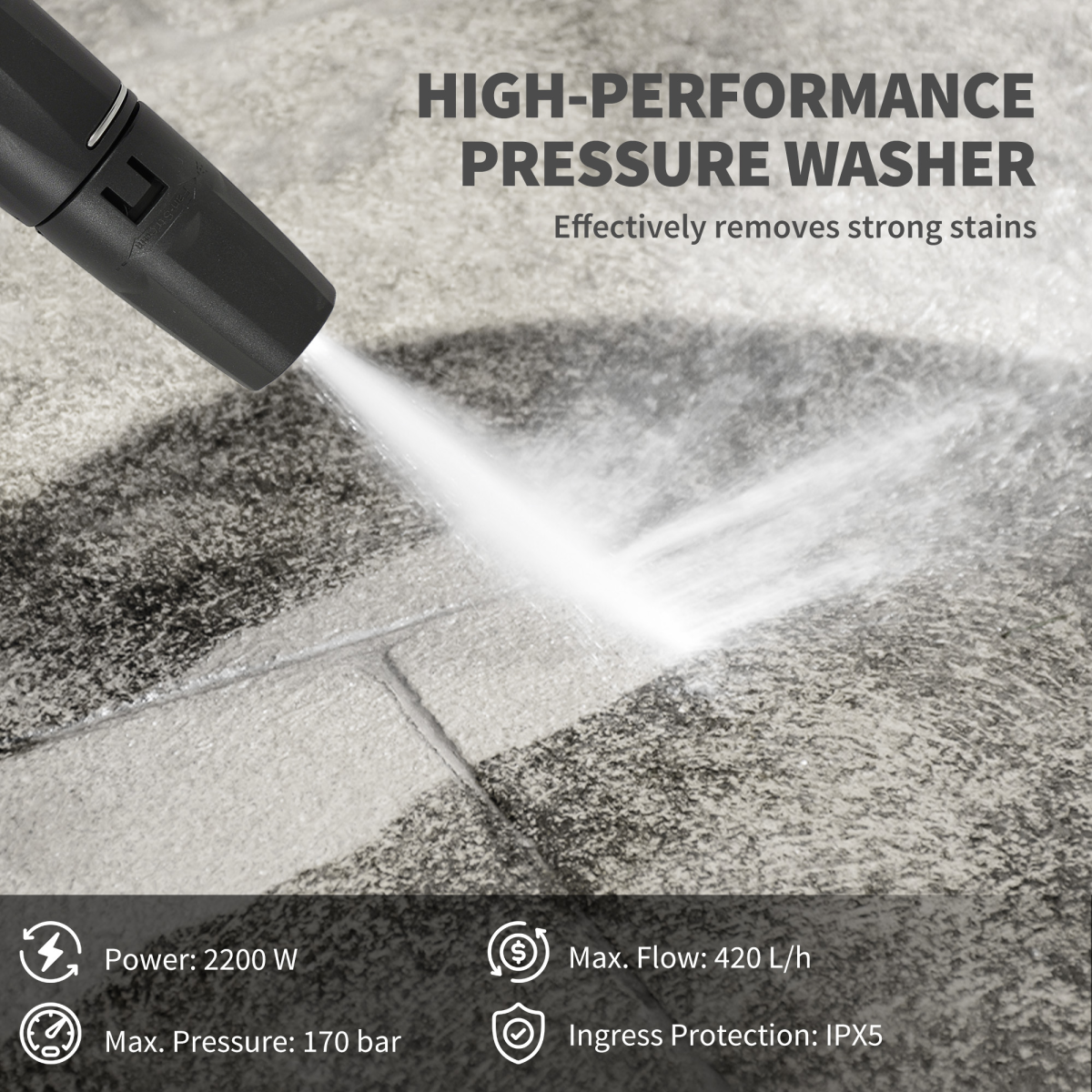 2200W Power Washer 170 Bar Pressure with Adjustable Nozzle