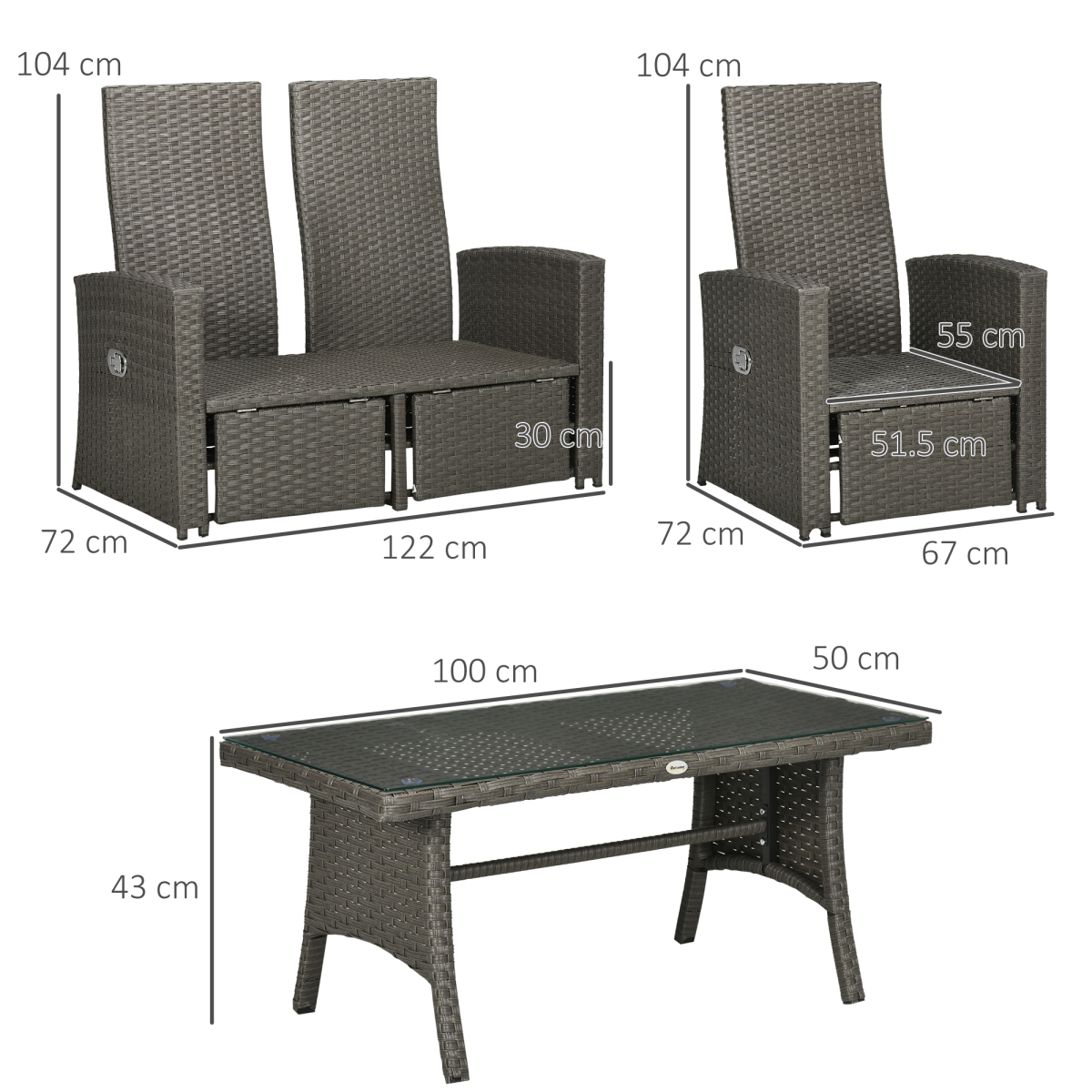4-Piece Rattan Garden Set: Loveseat, 2 Armchairs, Glass Table, Grey