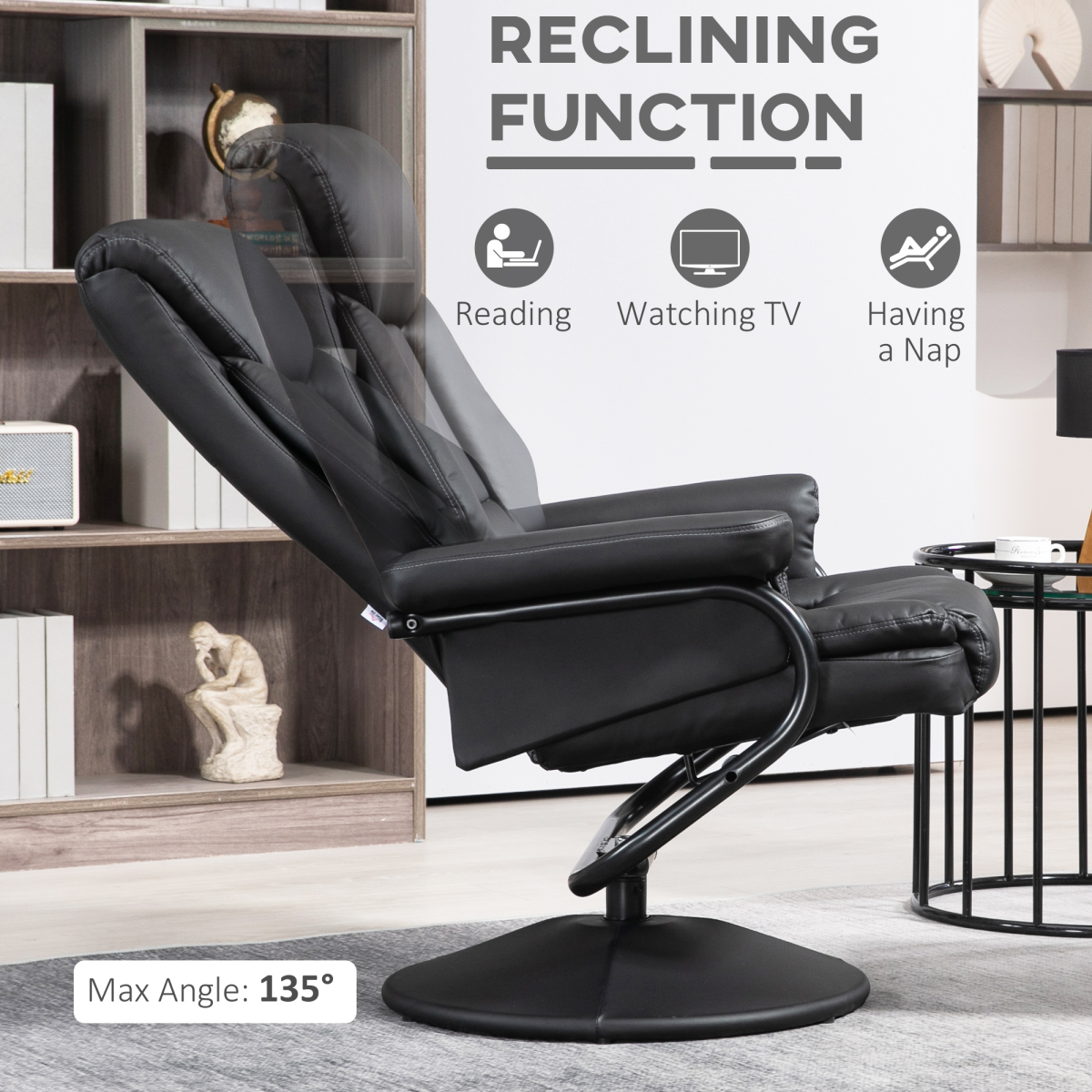 Luxurious Black PU Leather Swivel Recliner & Ottoman for Ultimate Relaxation