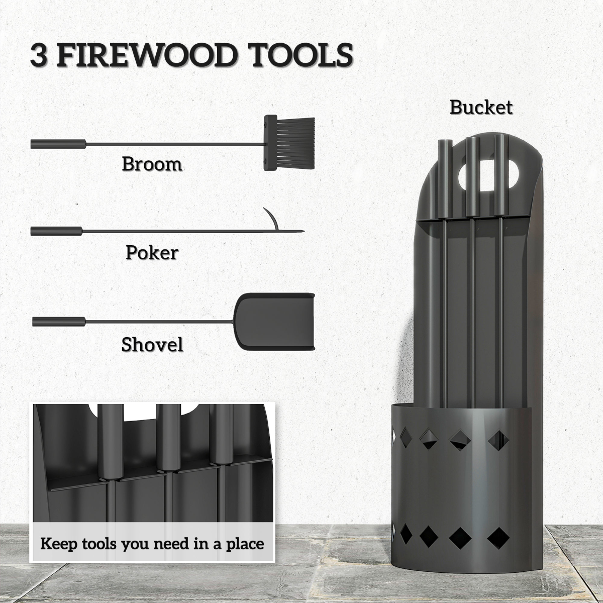 4-Piece Black Fireplace Tool Set - Fireside Companion