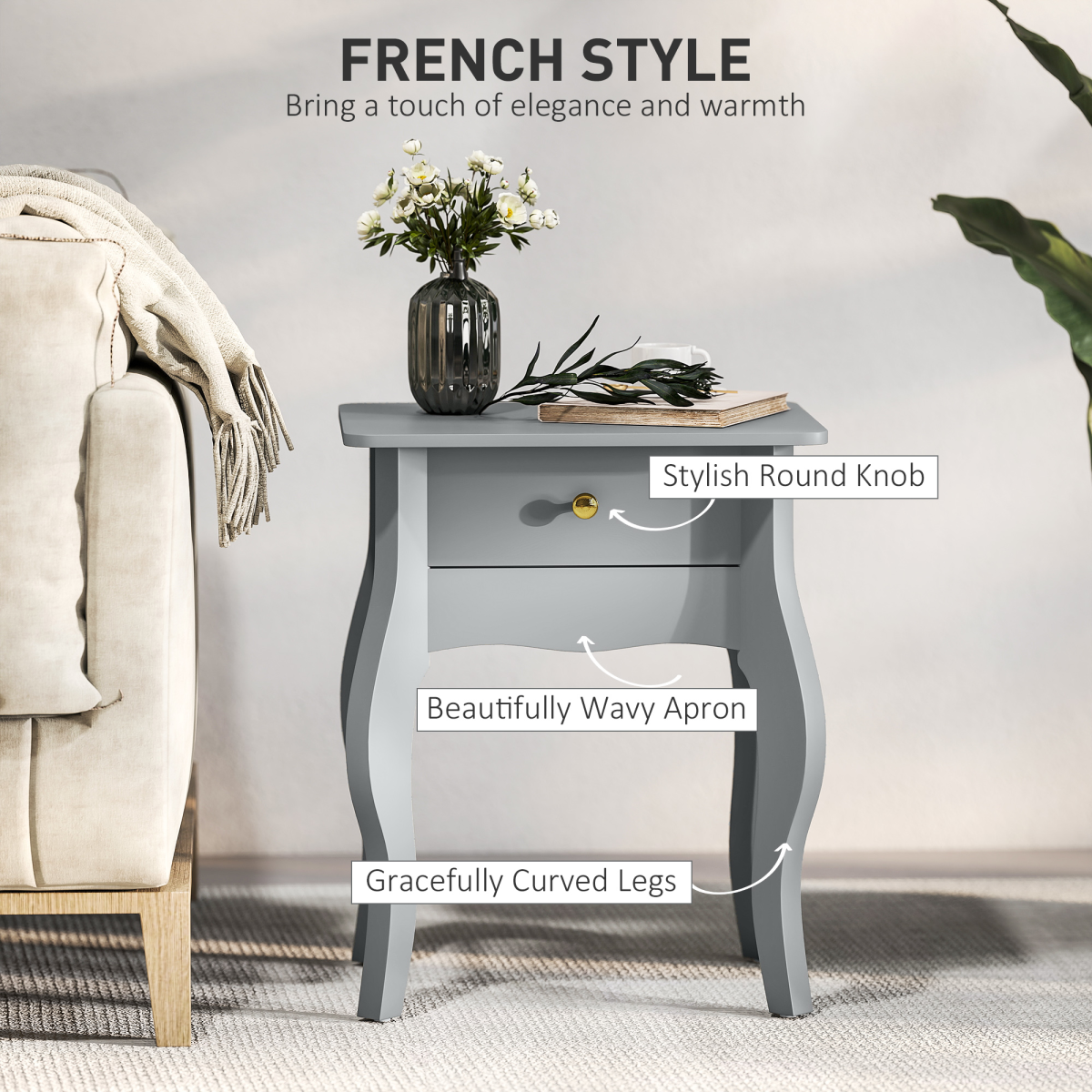 Chic French Style End Table with Drawer & Curved Legs - Grey Elegance
