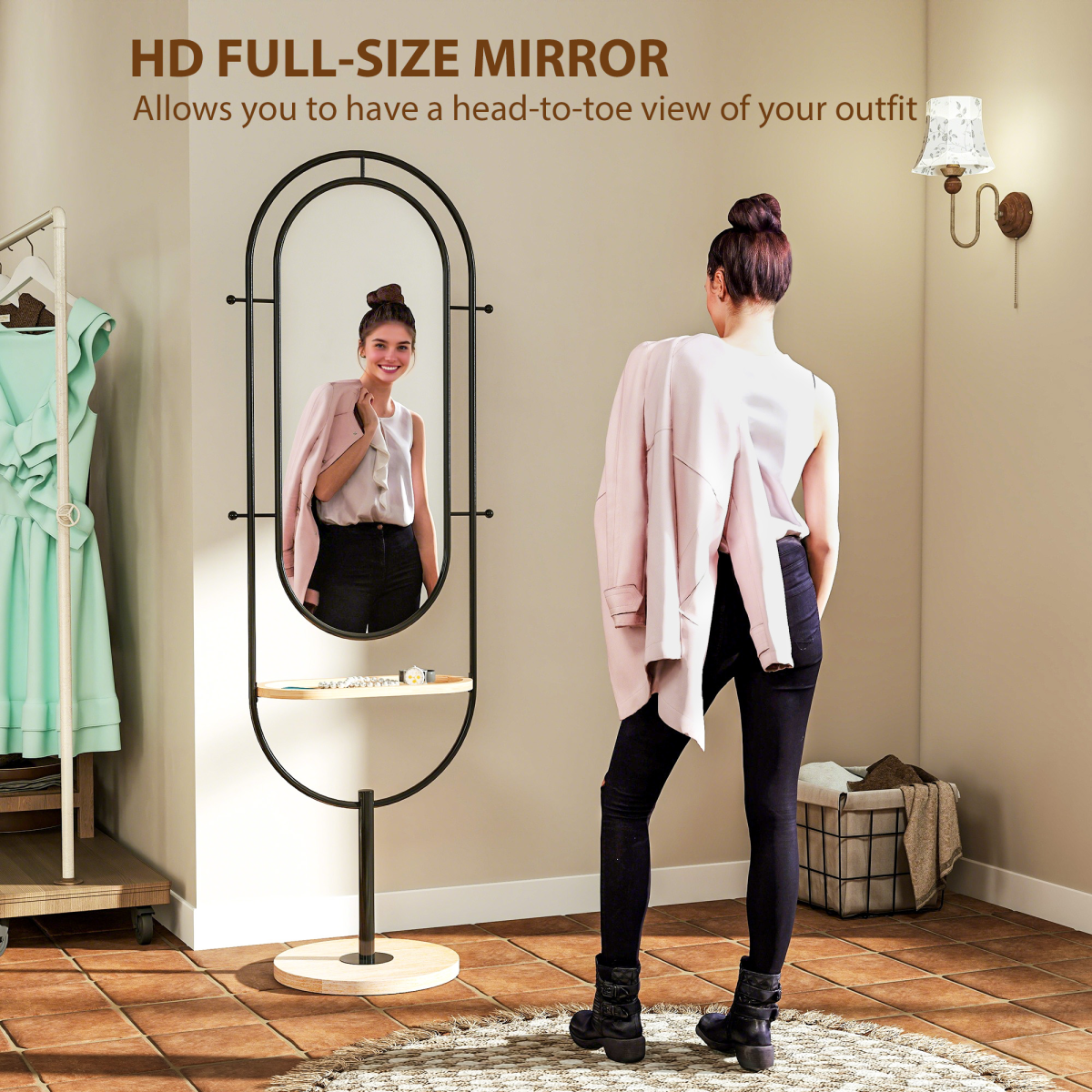 Elegant Freestanding Full Length Mirror with Tray & Hooks - Black