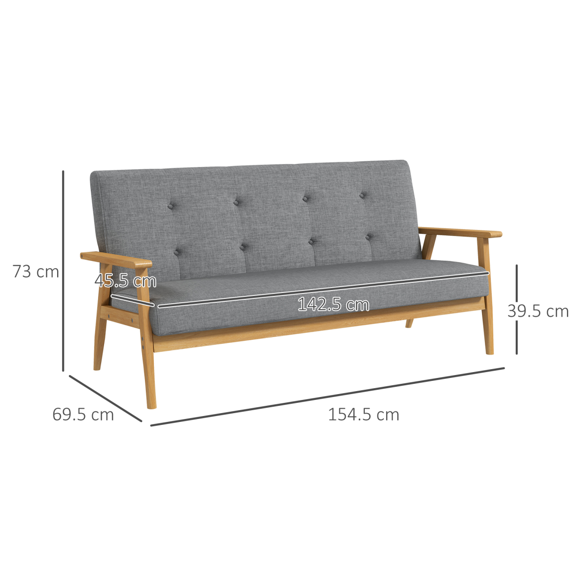 Dark Grey 3-Seater Sofa with Button-Tufted Back in Linen
