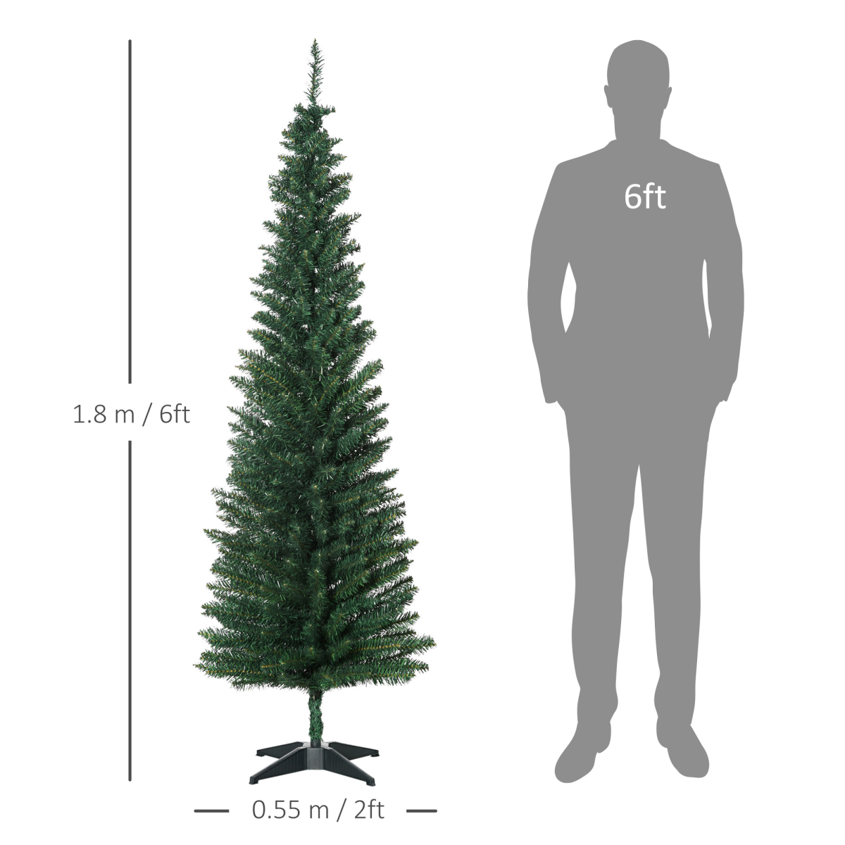 1.8m / 6ft Slim Pencil Christmas Tree, 390 Branch Tips, Flame-Retardant PVC