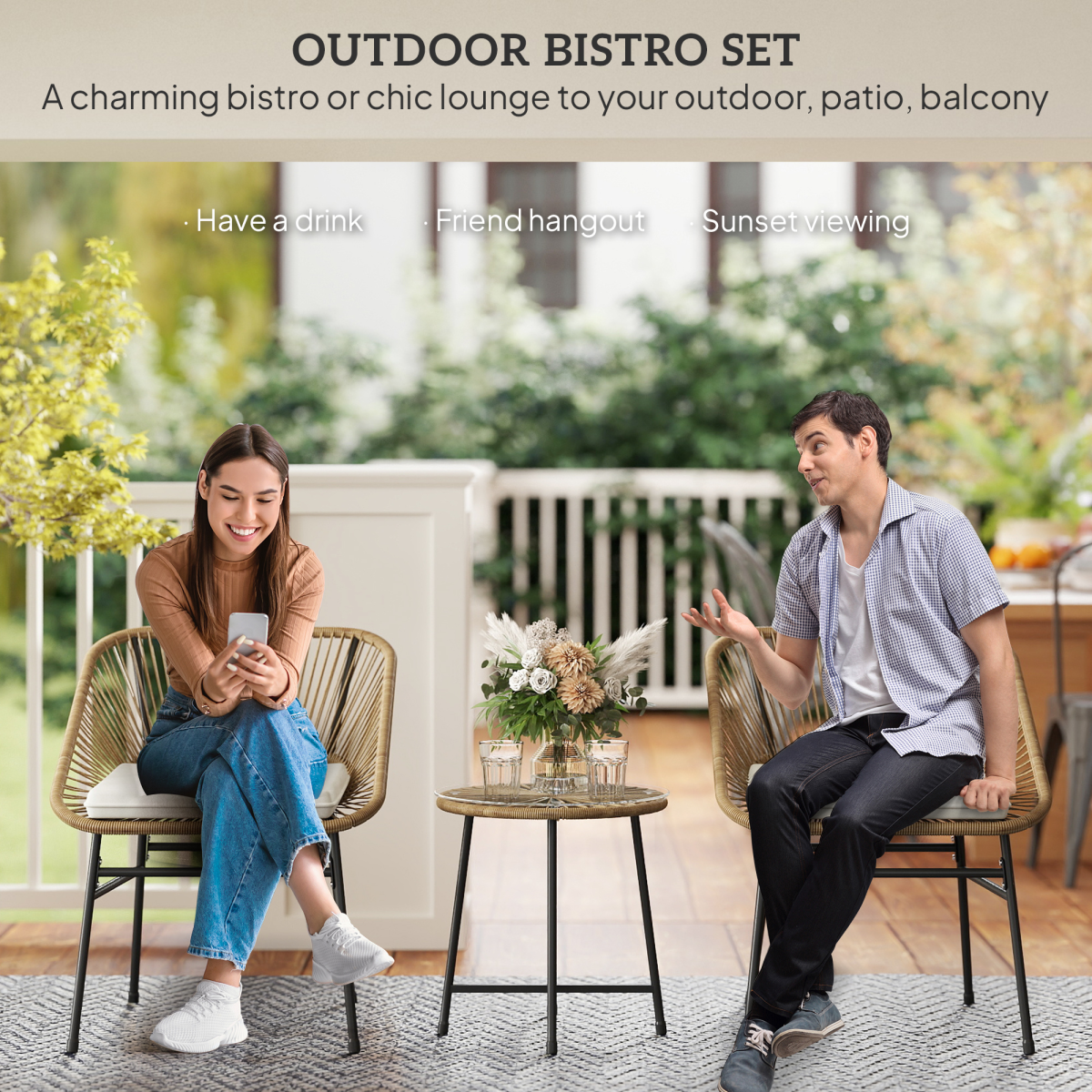 Rattan Bistro Set for Small Balconies Cushioned, Weatherproof