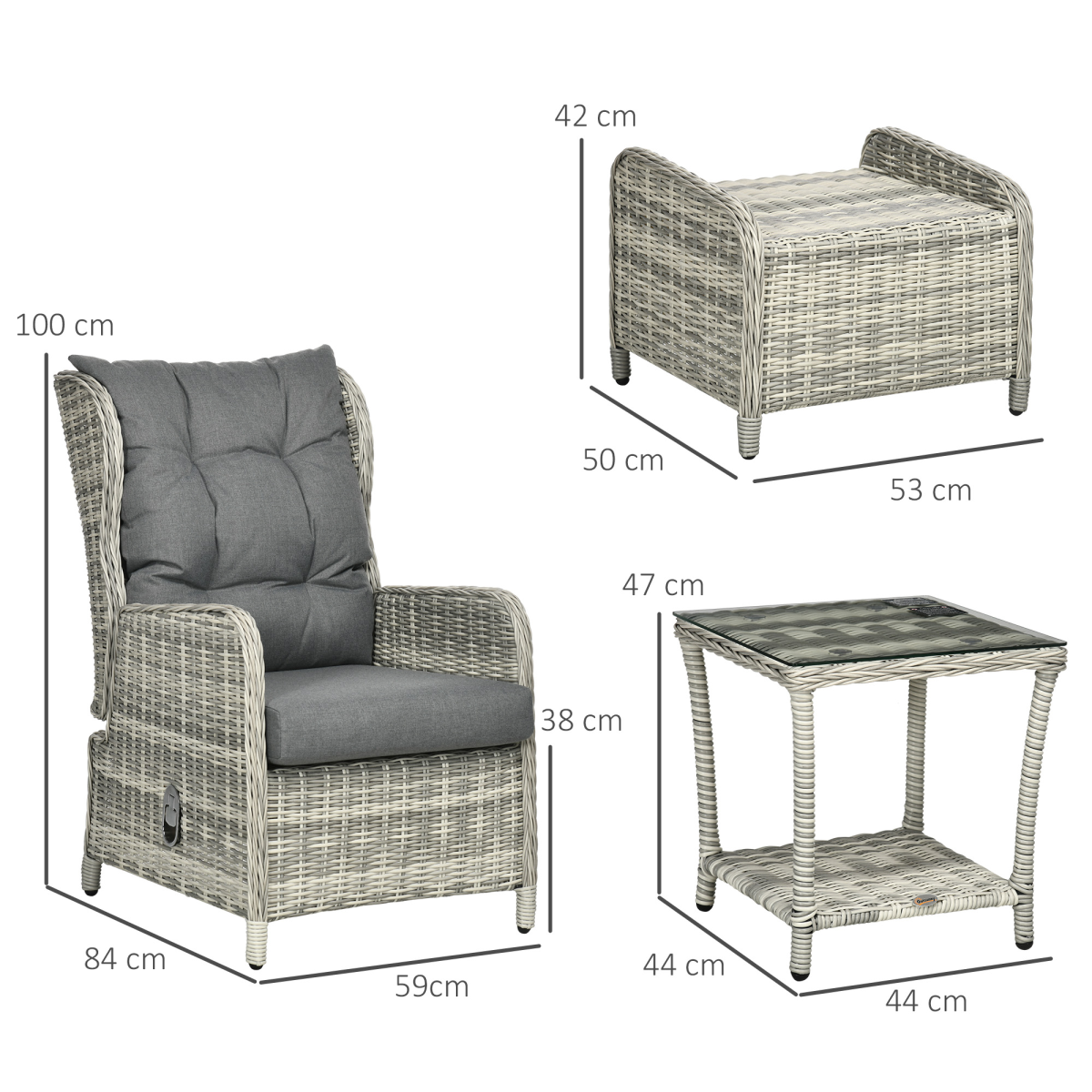 Recliner Rattan Sun Lounger Set with 2-Tier Table & Cushions, Grey