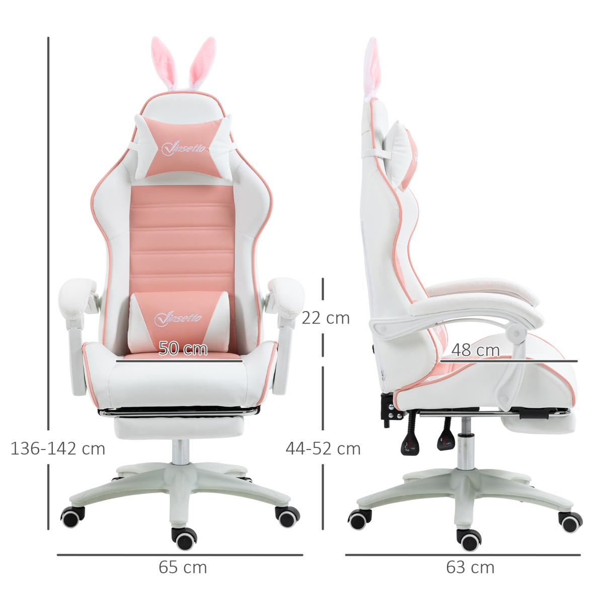 Vinsetto Pink Racing-Style Gaming Chair with Removable Rabbit Ears & Footrest