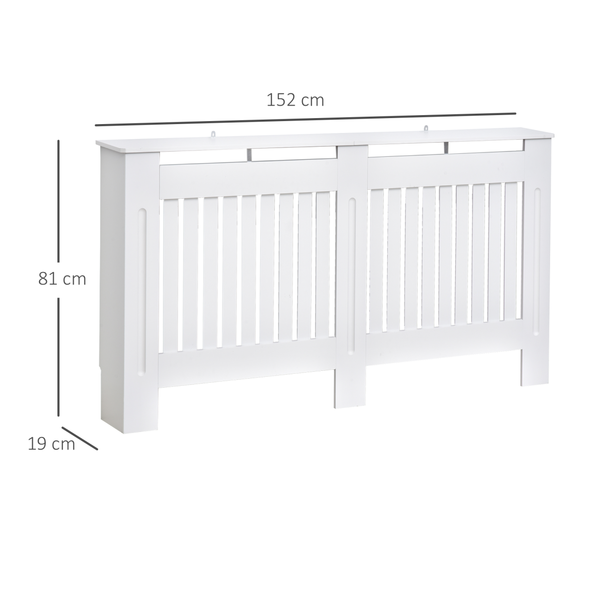White Slatted Radiator Cover with Top Shelf, Anti-Tip MDF Cabinet 152x19x81cm