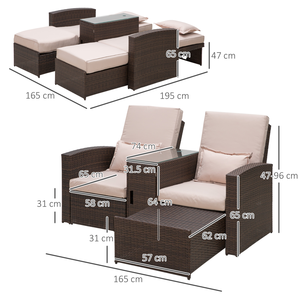 Double Rattan Sun Lounger Sofa with Adjustable Recline & Glass Table - Brown