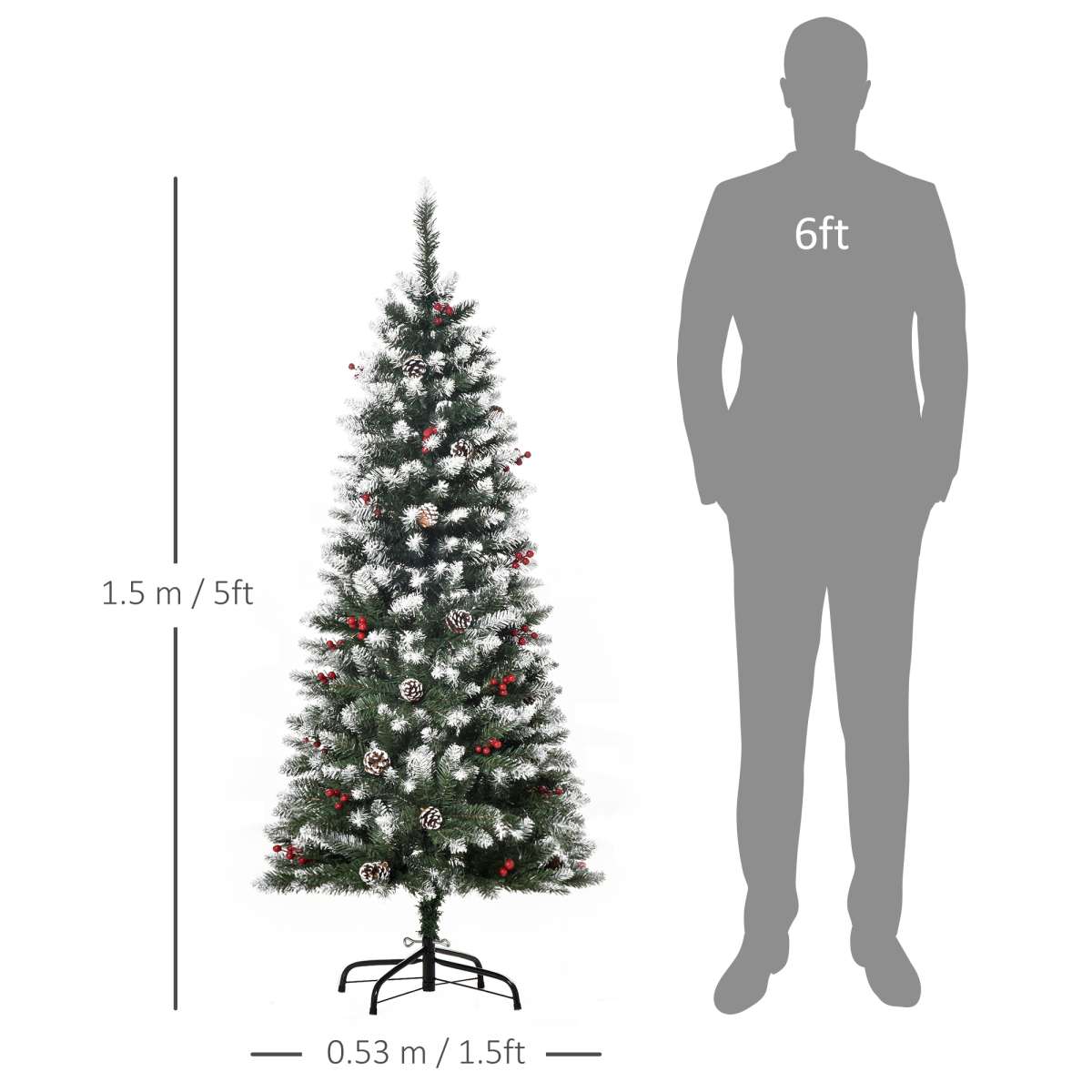 5FT Artificial Pencil Christmas Tree with Berries & Pinecones, Foldable Feet