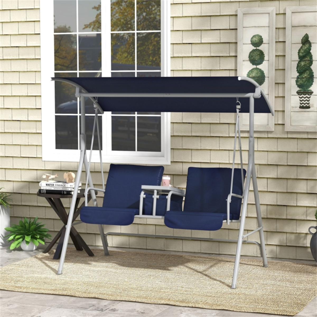 Double Delight Outdoor Patio Swing Chair with Canopy & Storage - Dark Blue