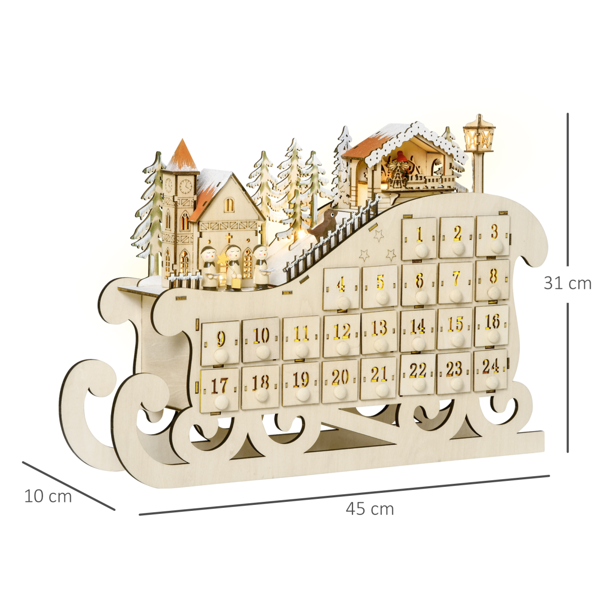Light-Up Wooden Sleigh Advent Calendar - 24 Drawers, Natural Finish