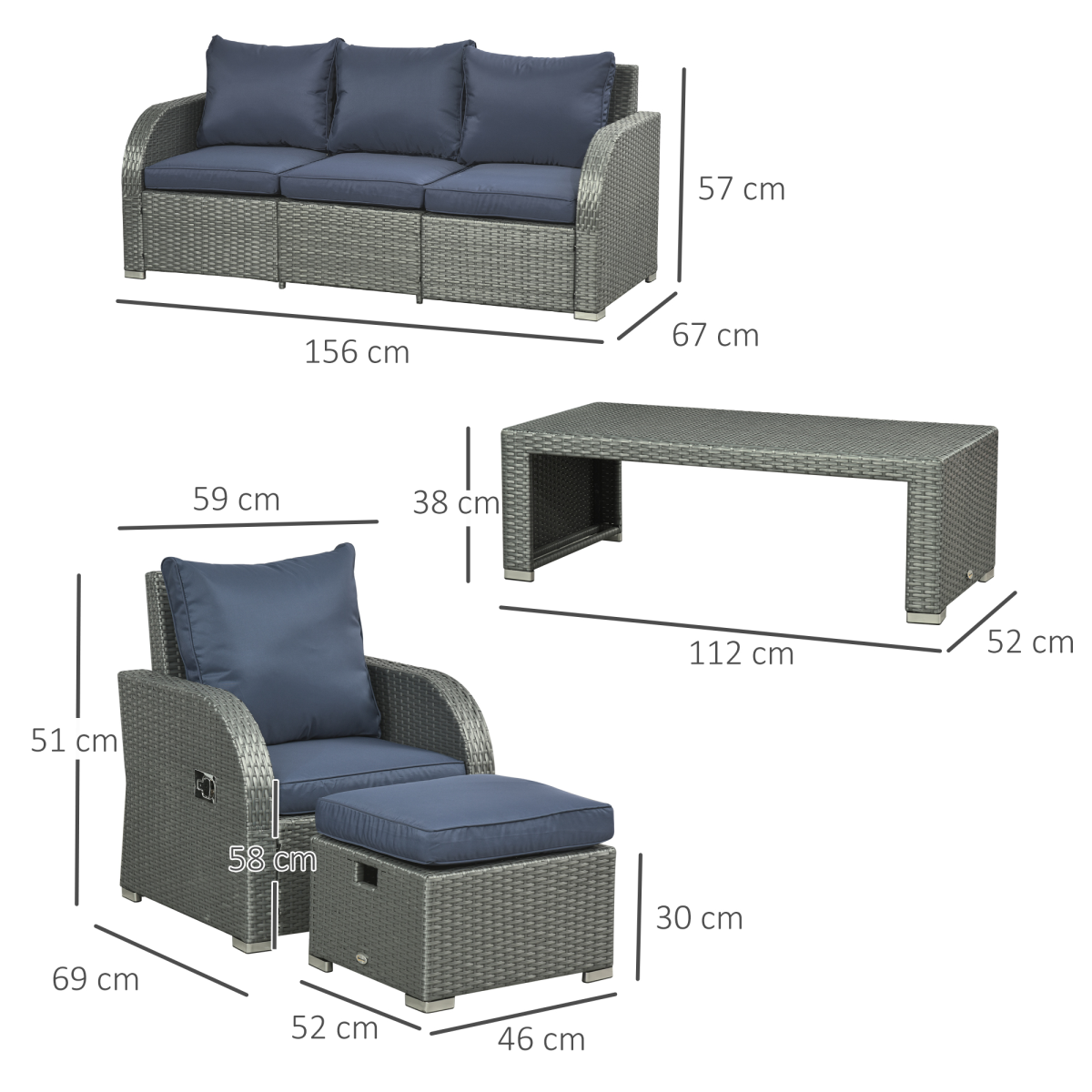 6pc Padded Outdoor Rattan Set: 2 Recliners 3-Seat Sofa Footstools Table