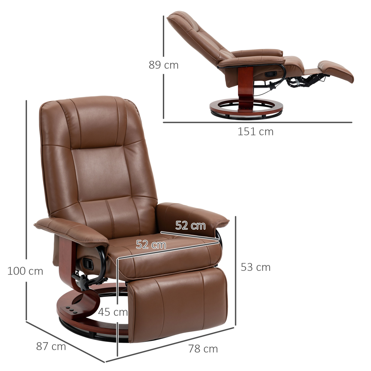 Ergonomic PU Leather Recliner Chair with 360° Swivel & Footrest, Brown