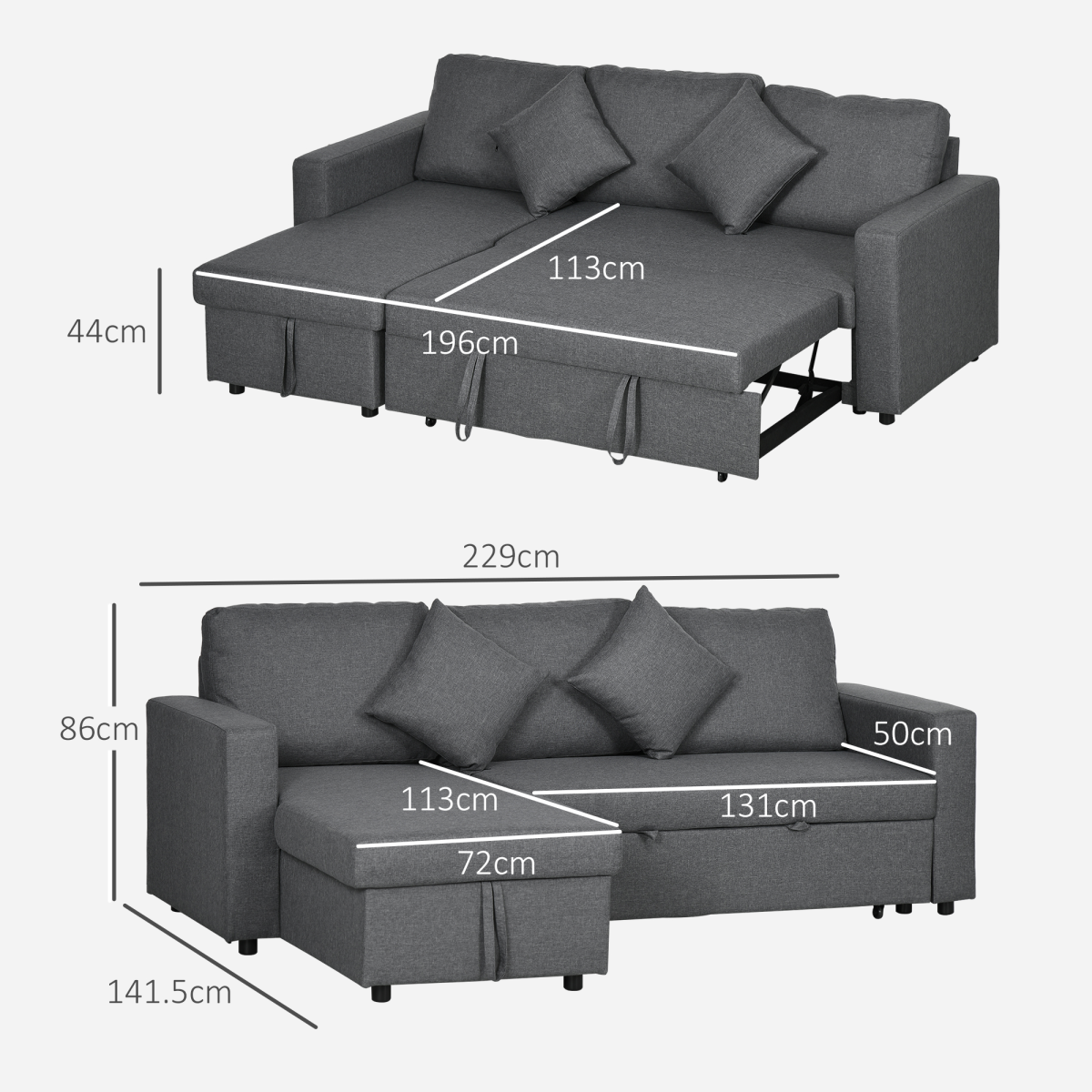 Corner Sofa Bed with Storage, 3-Seater Pull-Out, Dark Grey