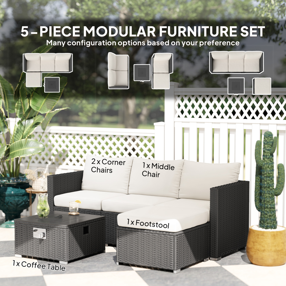 Modular 4-Seater Rattan Sofa Set with Fire Pit Table & Cushions