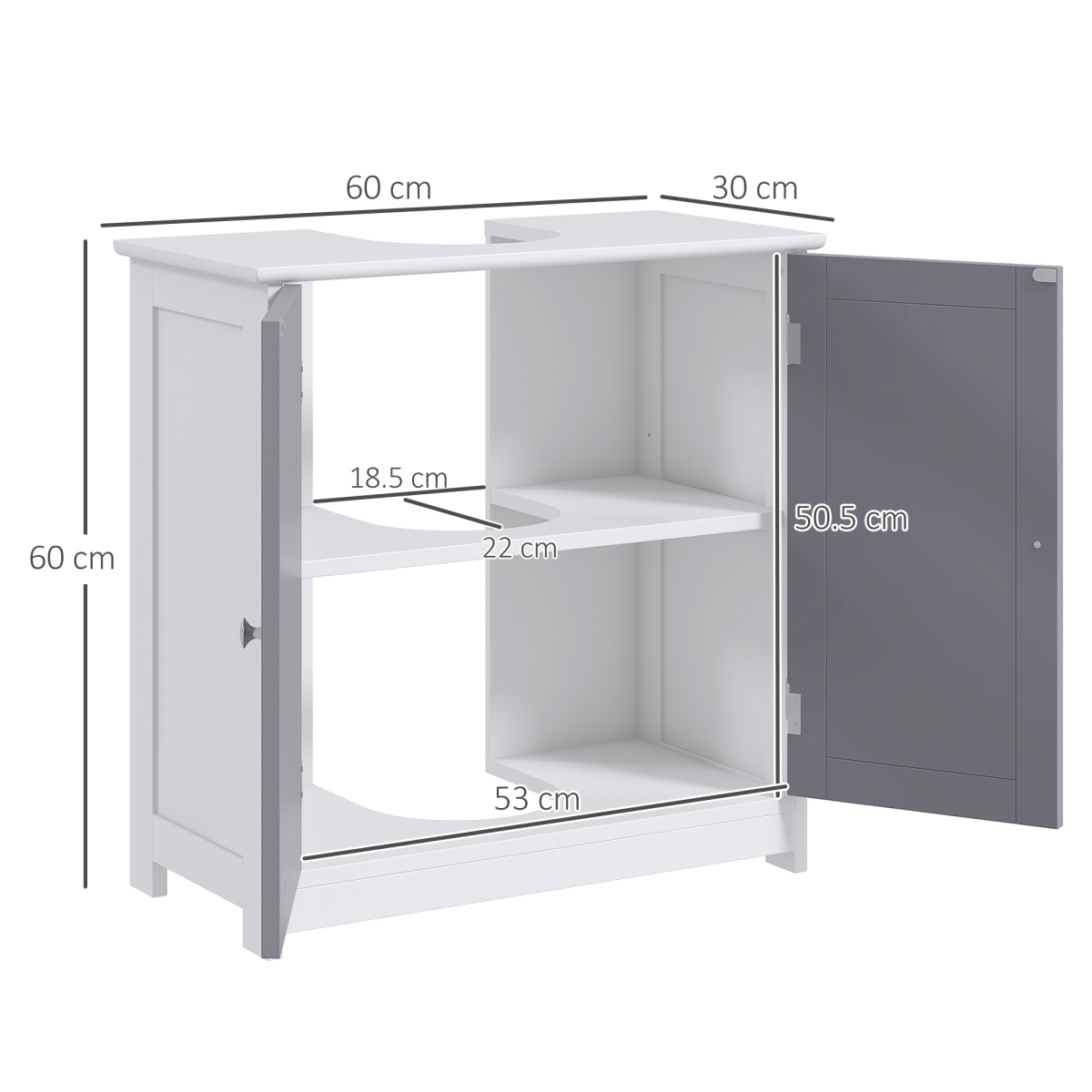 Kleankin 60x60cm Under-Sink Storage Cabinet - Adjustable Grey & White Design