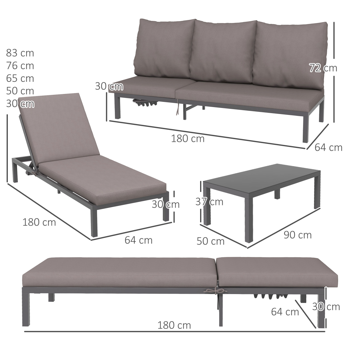 3-Piece PE Rattan Lounge Set - Aluminum Frame Grey Recliners