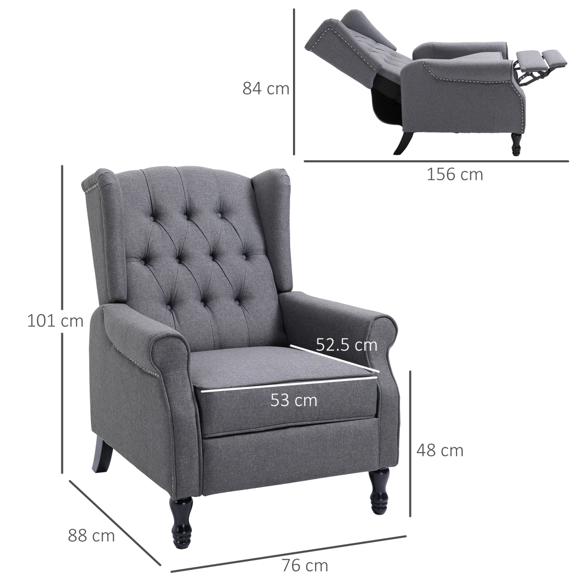 Manual Recliner Armchair with Footrest - Light Grey Fabric, Tufted Back