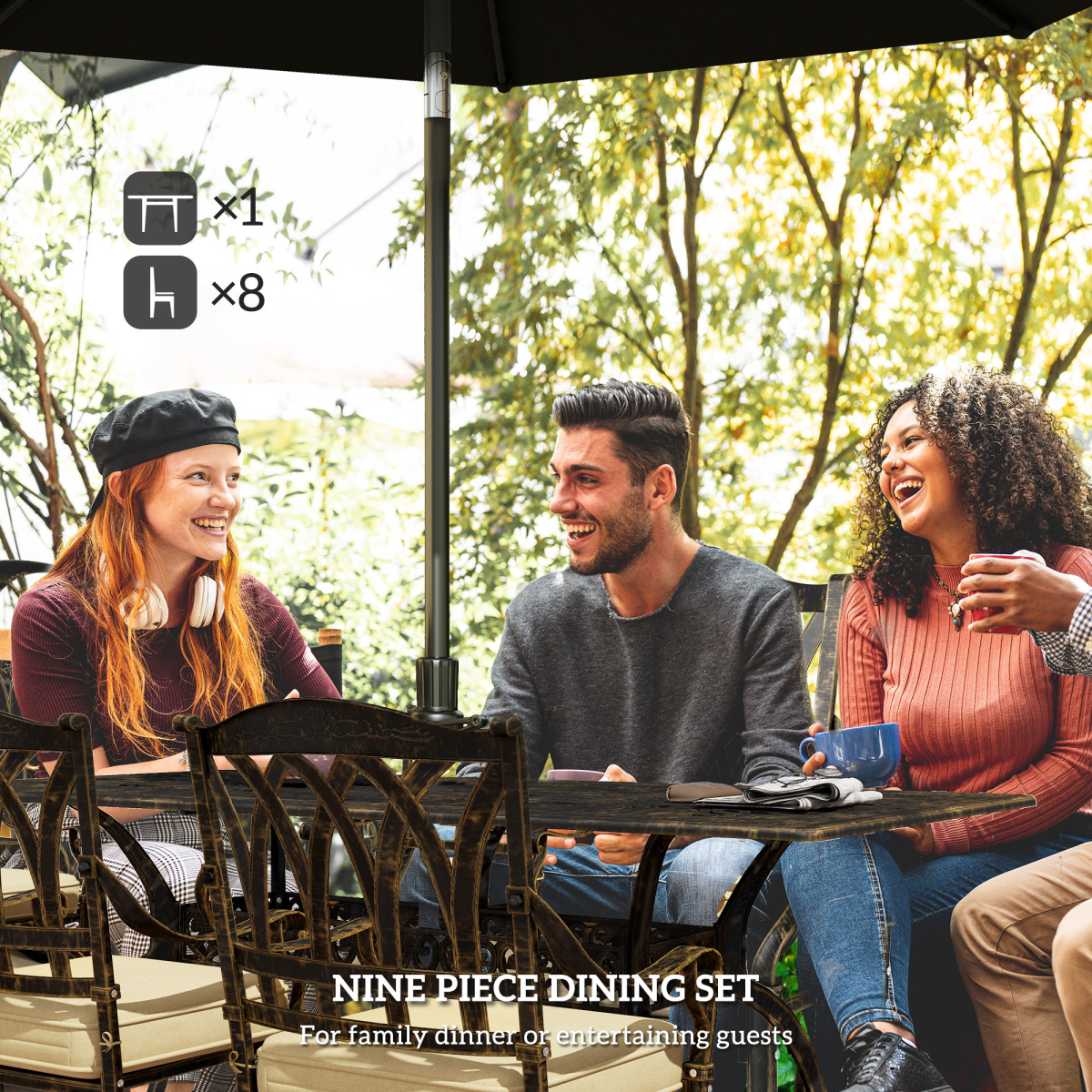 Elegant Nine-Piece Outdoor Dining Set with Cushions & Parasol Hole