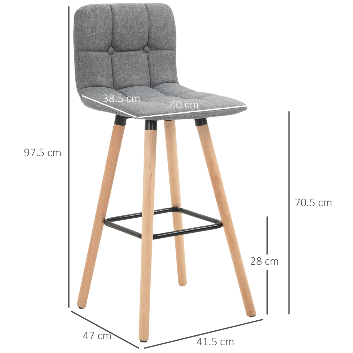 Grey Bar Stool Set of 2: Armless, Button-Tufted, Counter Height