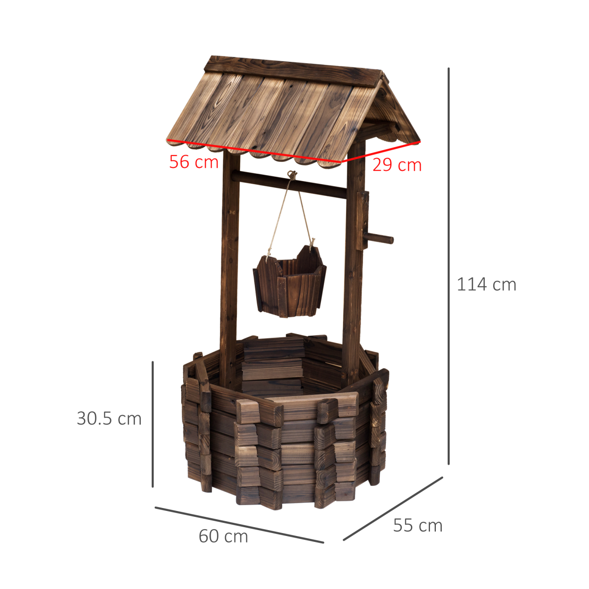 Wishing Well Planter Bucket - 60L, 55cm W x 114cm H, Brown