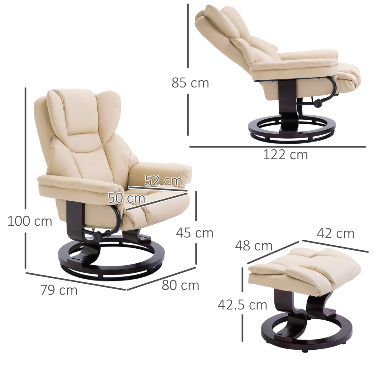 Lux Cream PU Leather Manual Recliner Armchair with Footstool