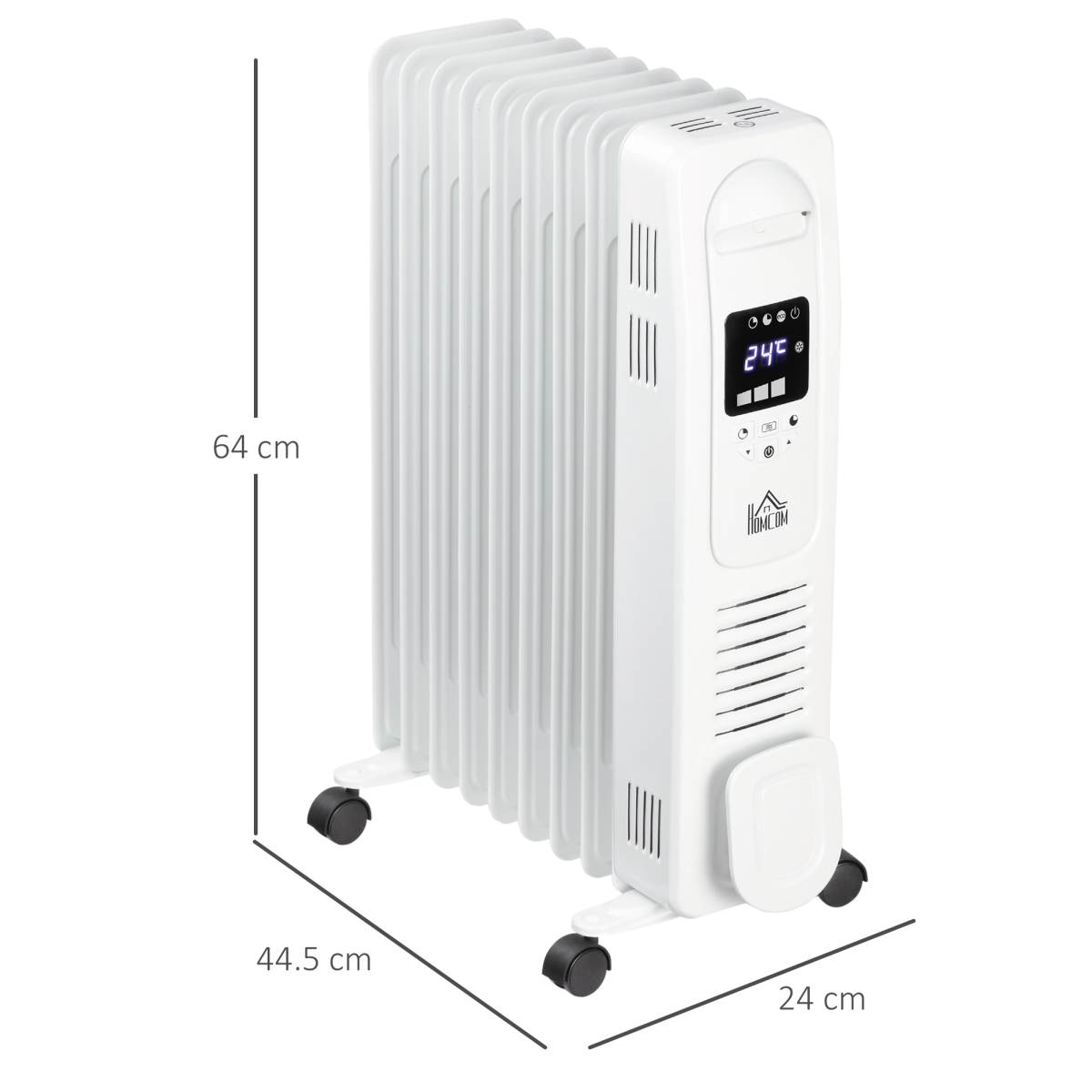 2000W Digital Oil-Filled Radiator, 9-Fin, Remote, 24h Timer, White